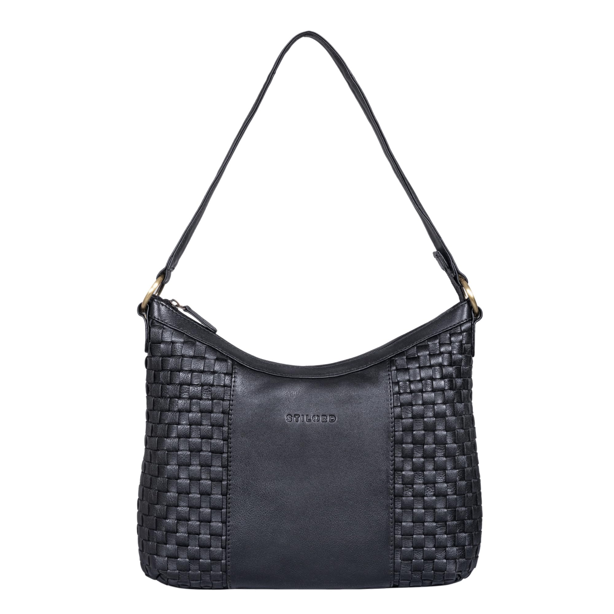STILORD Katharina Elegante Bolso de asa de Piel Tejida con Bandolera Desmontable Bolso de Noche Bolso de Viaje de Piel auténtica Color:Negro