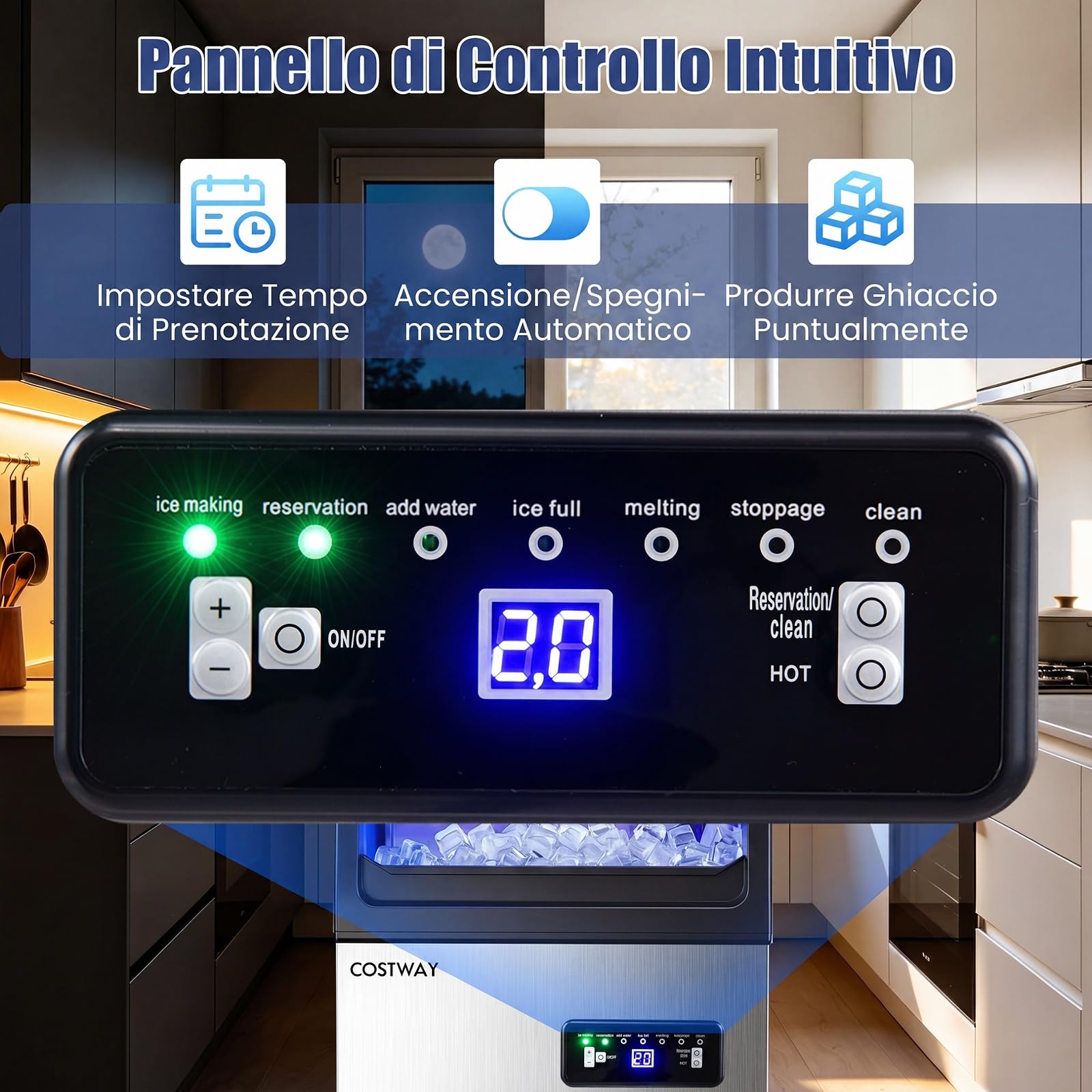 COSTWAY Macchina per Ghiaccio Commerciale 50kg/24h | Fabbricatore Ghiaccio con Autopulizia, Timer, 36 Cubetti in 13 Minuti, Ice Maker con Paletta per Bar Ristorante e Caffetteria