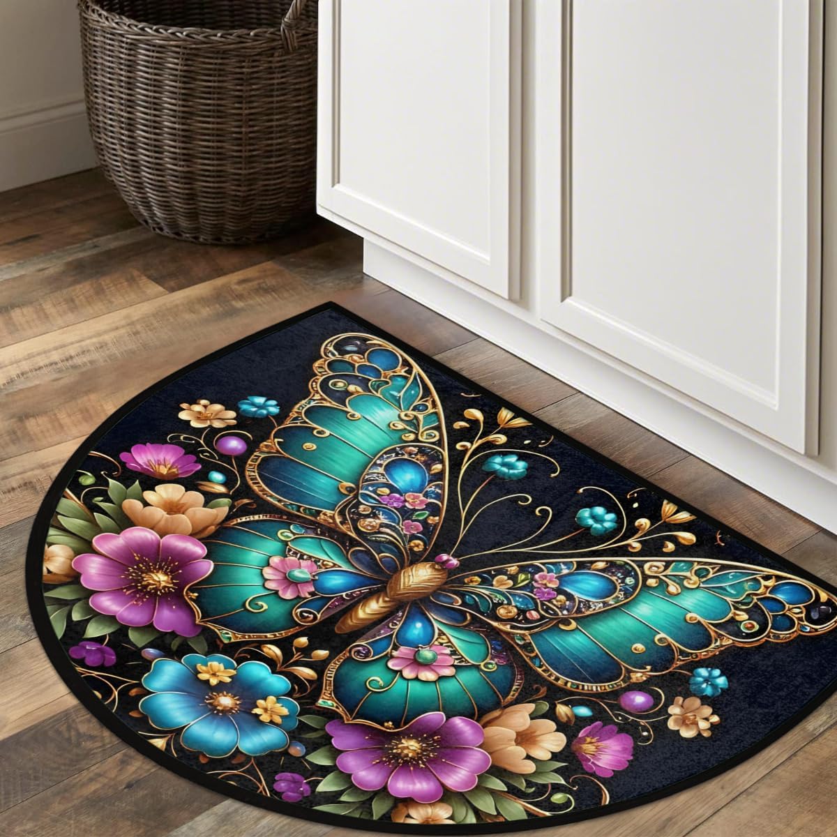 Pretty Butterfly Flower Half Round Door Mat Non-Slip Soft Semi Circle Rug Washable Half Moon Welcome Entrance Doormat for Outdoor Indoor Floor Indoor Bedroom Bathroom Home Kitchen Decor