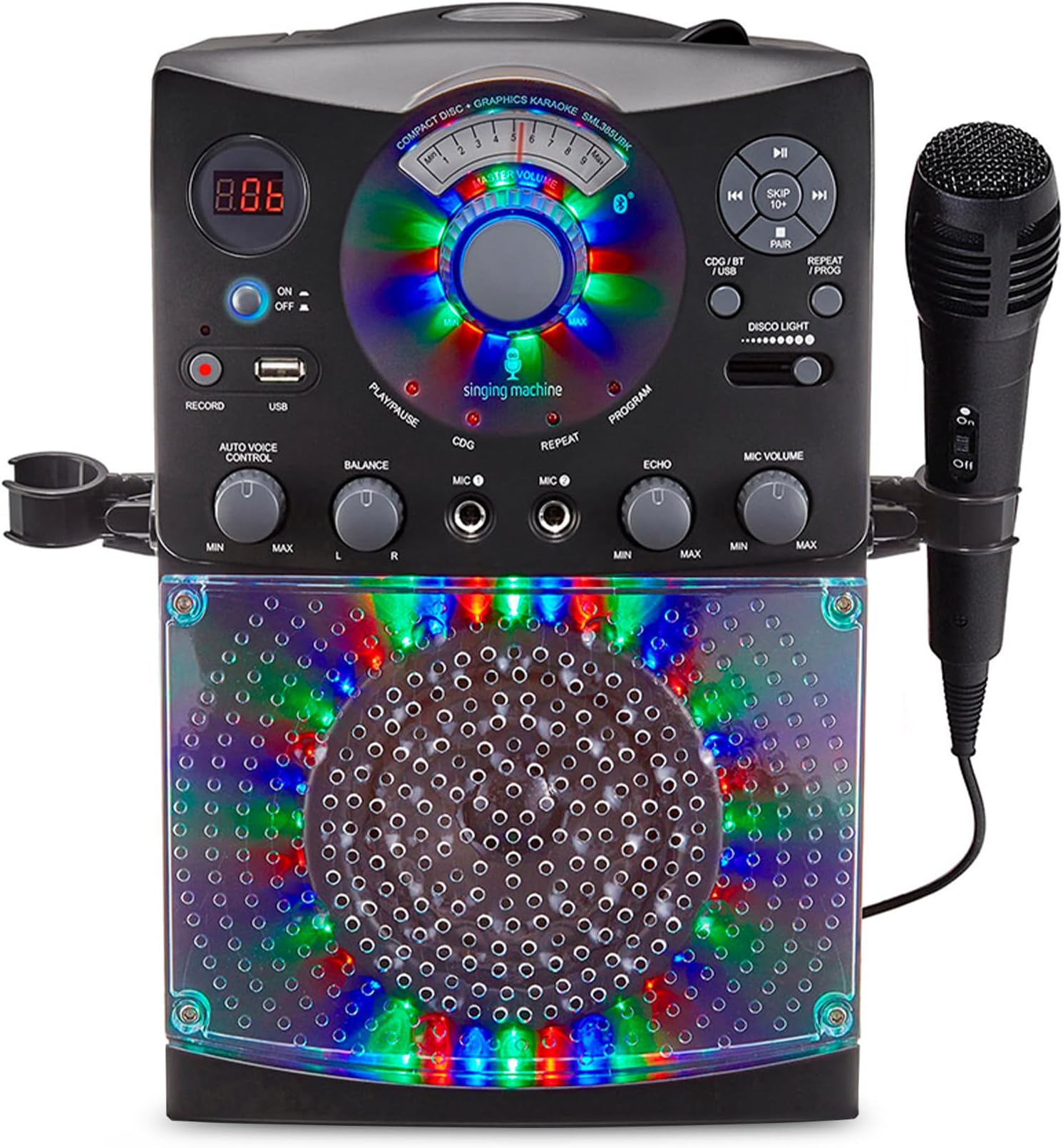 Singing Machine Karaoke Machine for Kids and Adults with Wired Microphone - Built-In Speaker with LED Disco Lights - Wireless Bluetooth, CD+G & USB Connectivity - Black [Amazon Exclusive]