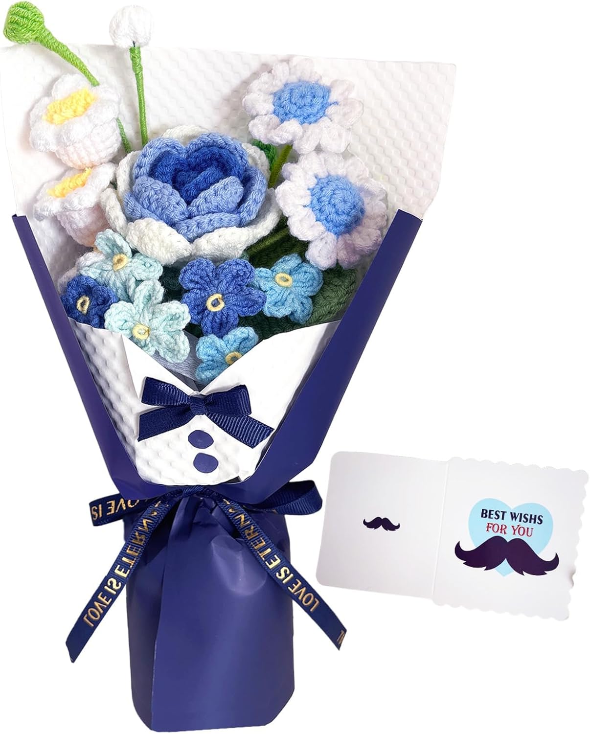 Crochet Flower Bouquet,Handmade Blue Artificial Knitted Flowers Crochet Rose Lily of the Valley Bouquet,Gift for Father's Day,Birthday,Wedding,Anniversary,Graduation,Home Decor