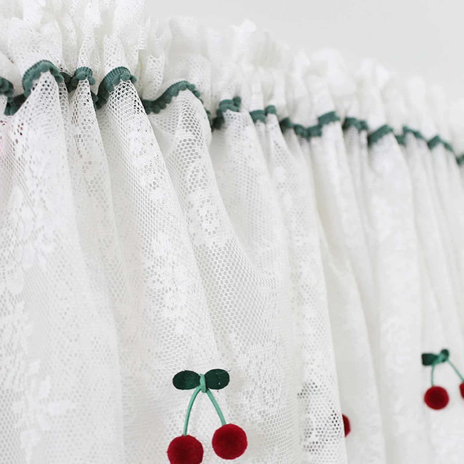 White Kitchen Curtain Romantic lace Tier Curtains cherry decoration Short Curtain Valance Rod Pocket, for windows, wardrobes, cabinets, etc Decor net curtain ( Size : W200xH80cm/78.7x31.5in )