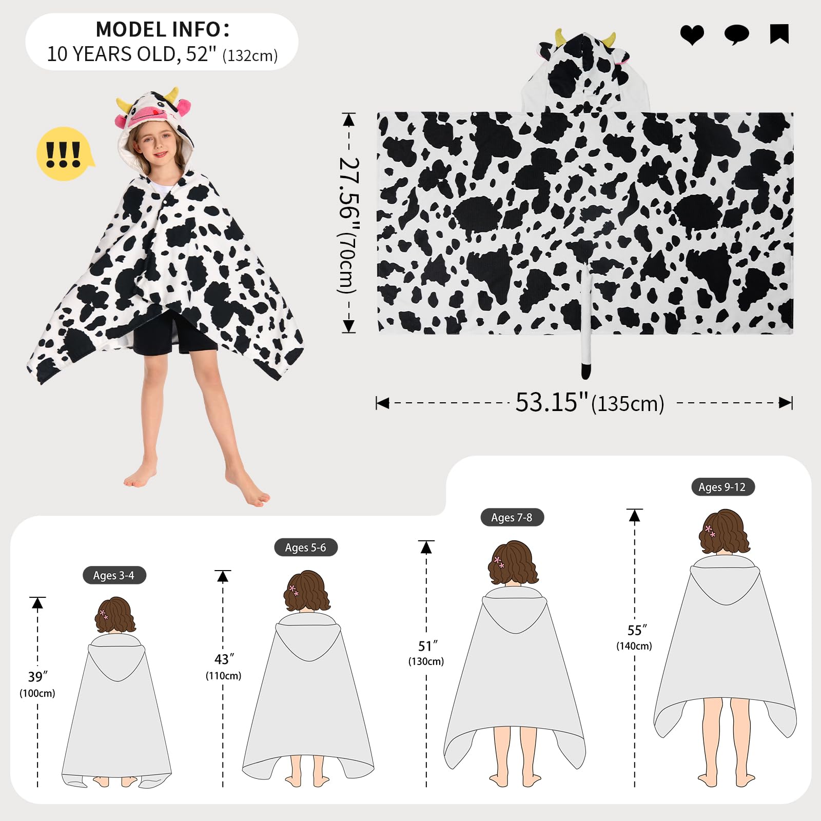OLAOLA Toalla de Baño con Capucha para Niños, Toallas de Playa Microfibra Suave para Nadar Surfear, Poncho de Baño para Niños y Niñas de 3 a 12 Años (Vaca)