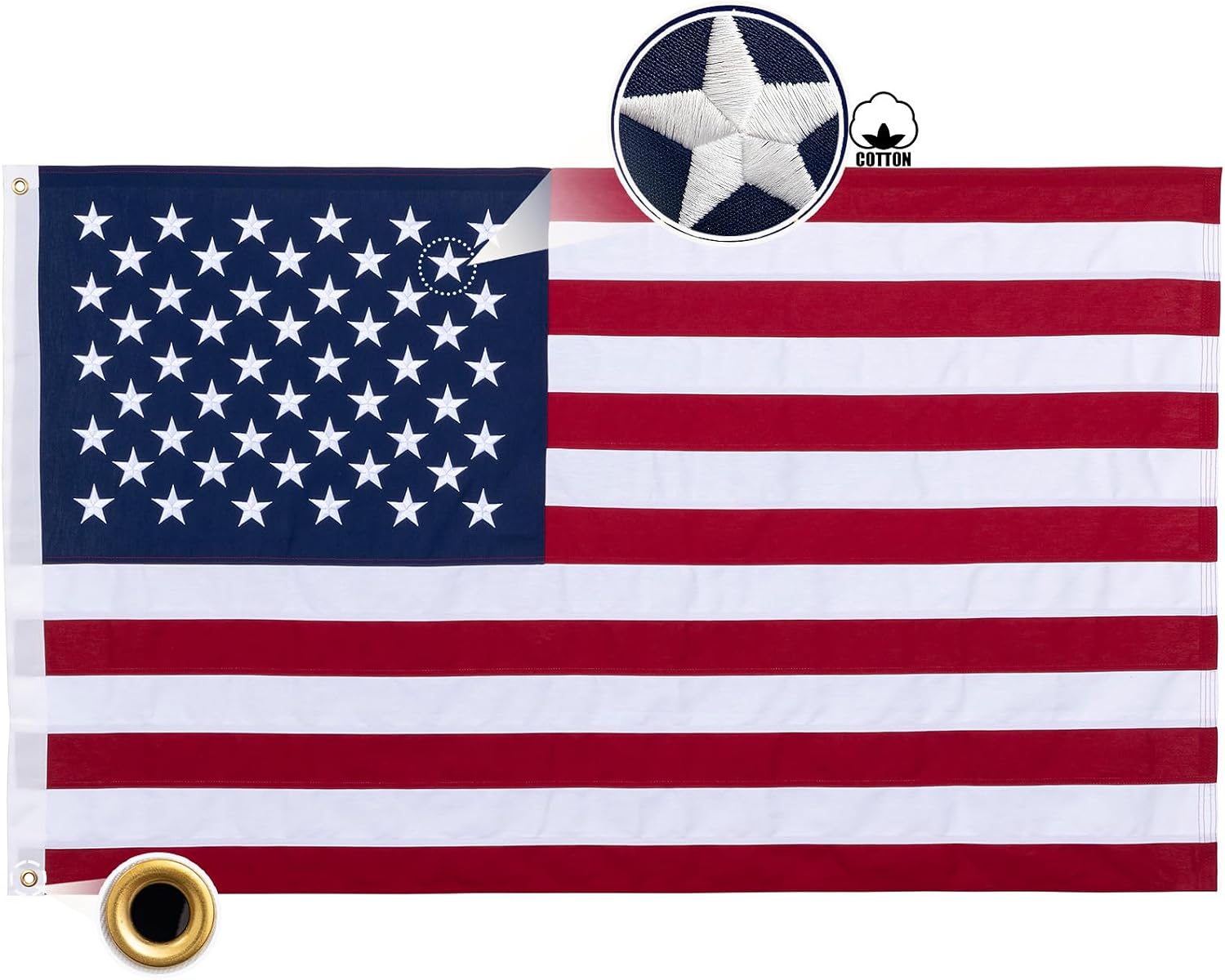 FLAGWIN Cotton American Flag 3x5 Feet for Outside, Heavy Duty Cotton USA Flags Embroidered Star and Sewn Stripes, Tear Resistant Cloth US United States Flag with 2 Brass Grommets