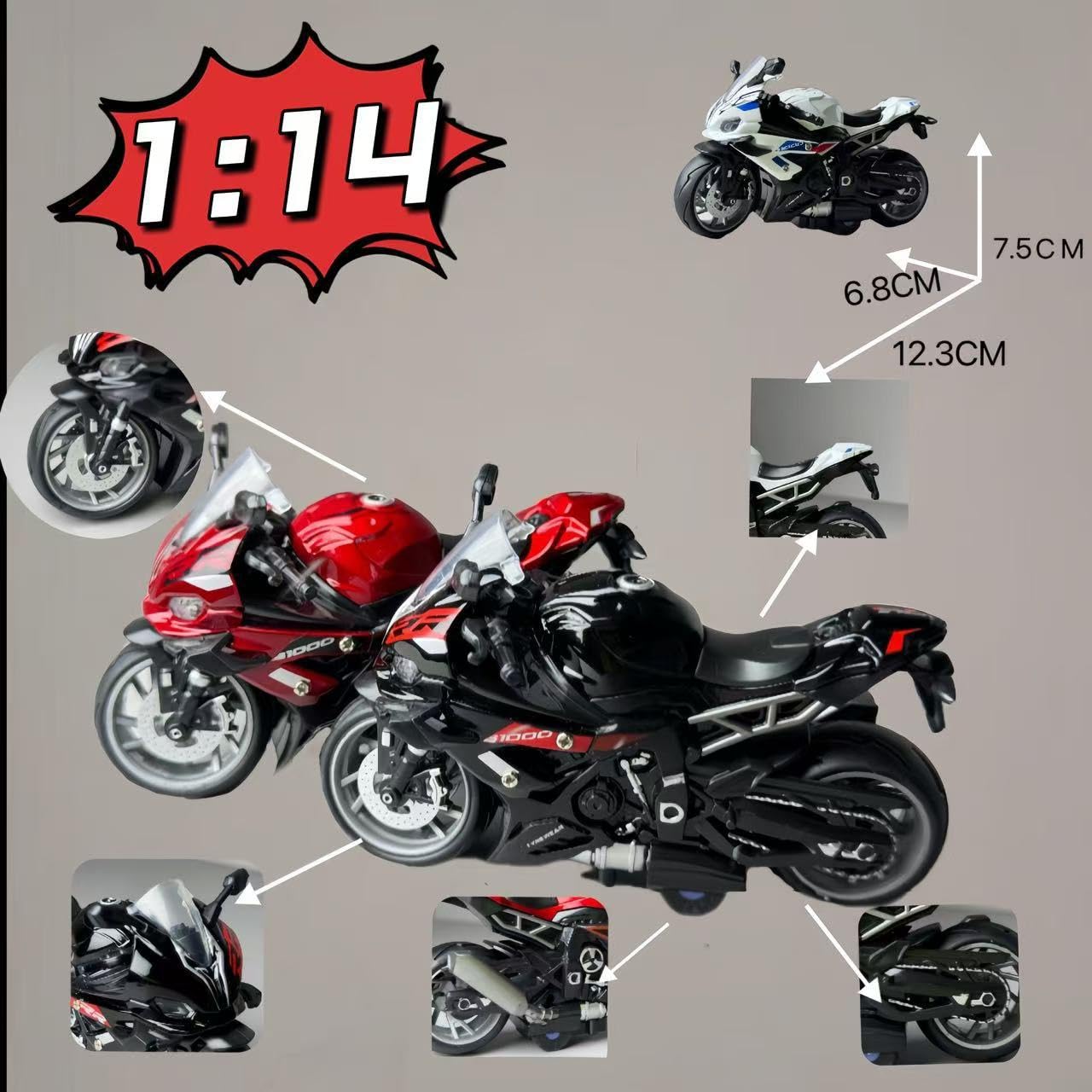 Feuerrotes Kinderspielzeug S1000RR Replica Aluminium-Motorrad, Aufziehbares Motorrad-Spielzeugmodell, Display-Stück, Druckguss im Maßstab 1:14 – Geschenk – Geeignetes Alter: Kinder (7–14 Jahre) - 5