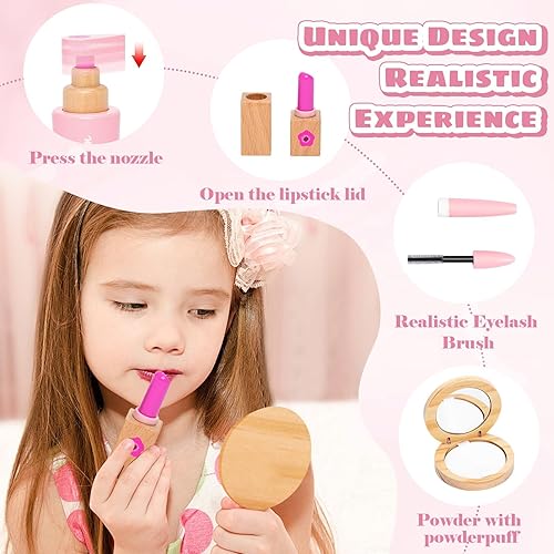 Miniatura 4 de Juego de juguetes de maquillaje de madera, 15 piezas de maquillaje de simulación para niñas pequeñas, juego de salón de belleza con sombra de ojos,