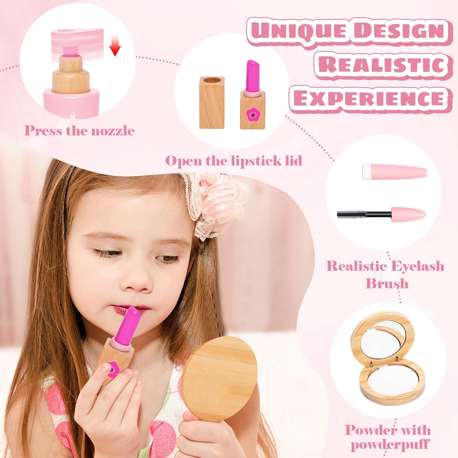 Schminkset Kinder Holz – 15-teiliges Premium Holzspielzeug Kosmetiktasche mit Lippenstift, Lidschatten, Spiegel & Parfüm – Montessori Frisiertisch Zubehör Rollenspiel Geschenk für Mädchen ab 3 Jahren