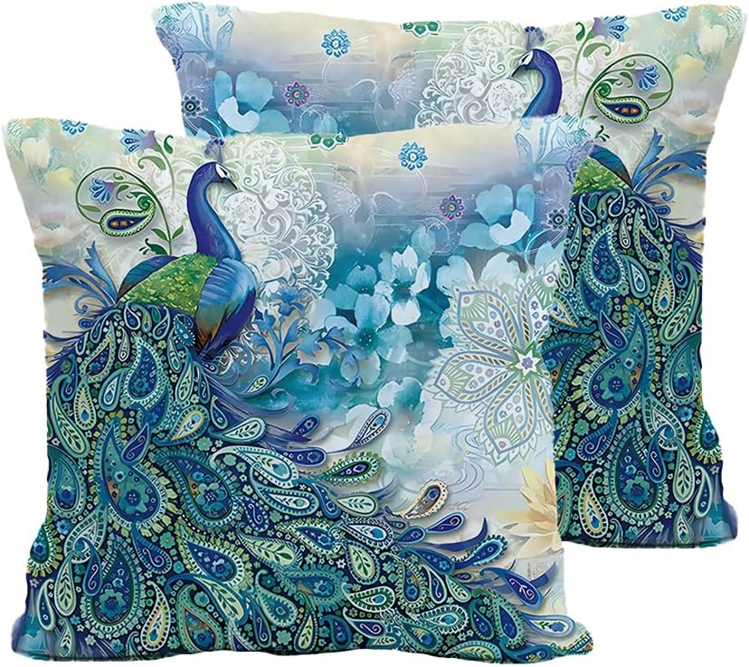 Teal Peacock Throw Pillow Covers Set of 2, Watercolor Blue