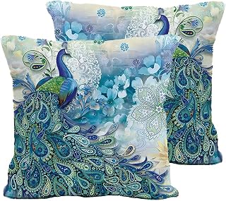 Teal Peacock Throw Pillow Covers Set of 2, Watercolor Blue Teal Vintage Turquoise Peacock Gifts Microfiber Fabric Decoration Pillowcases Home Sofa Couch Bed Decor Square 18x18 Inches Pillow Cases