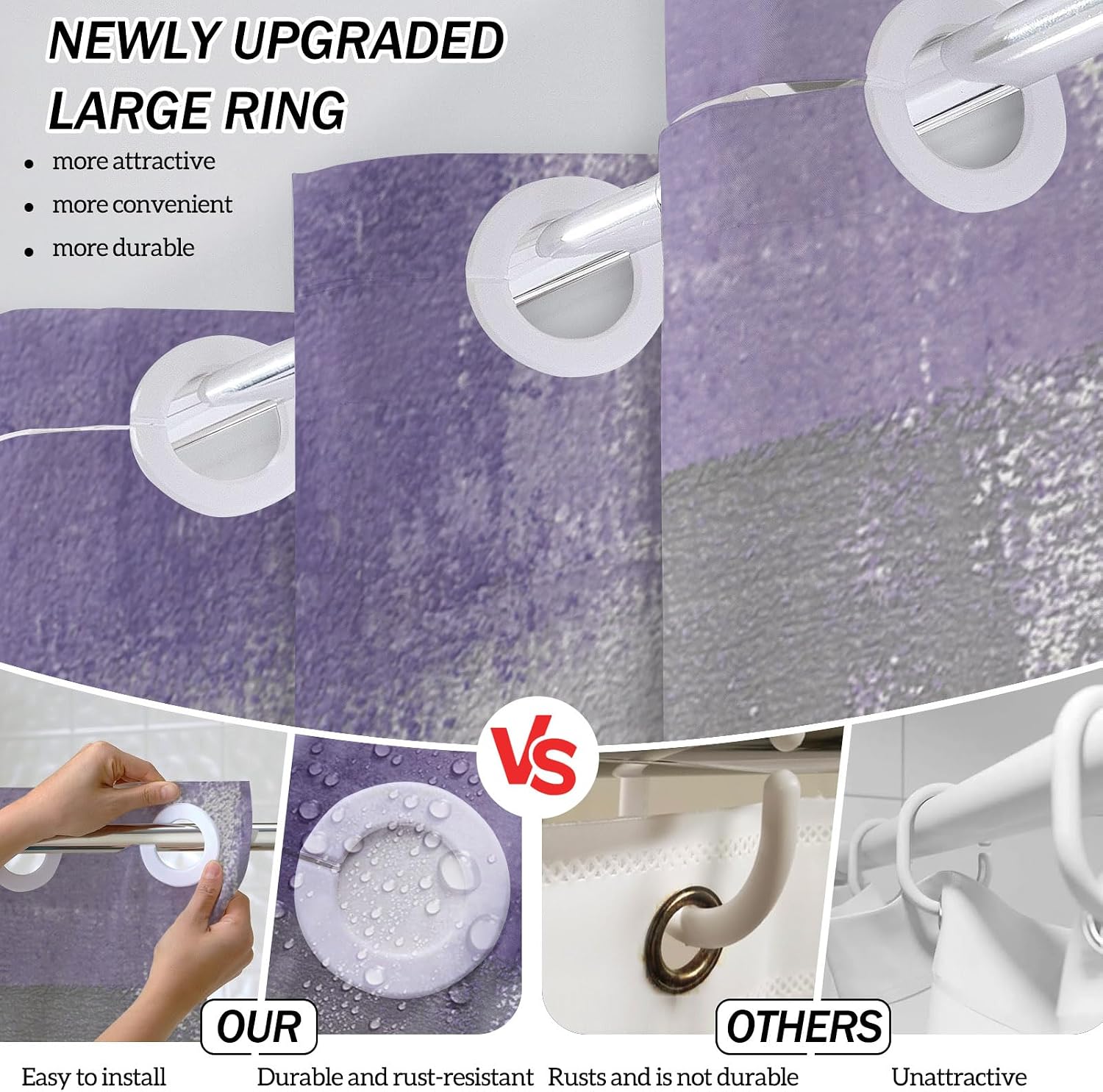 Lnond Purple Shower Curtain, Abstract No Hooks Shower Curtain Set, Modern Minimalist Waterproof Fabric Bathroom Decor Set, 71x75 Inches(No Liner) image 2