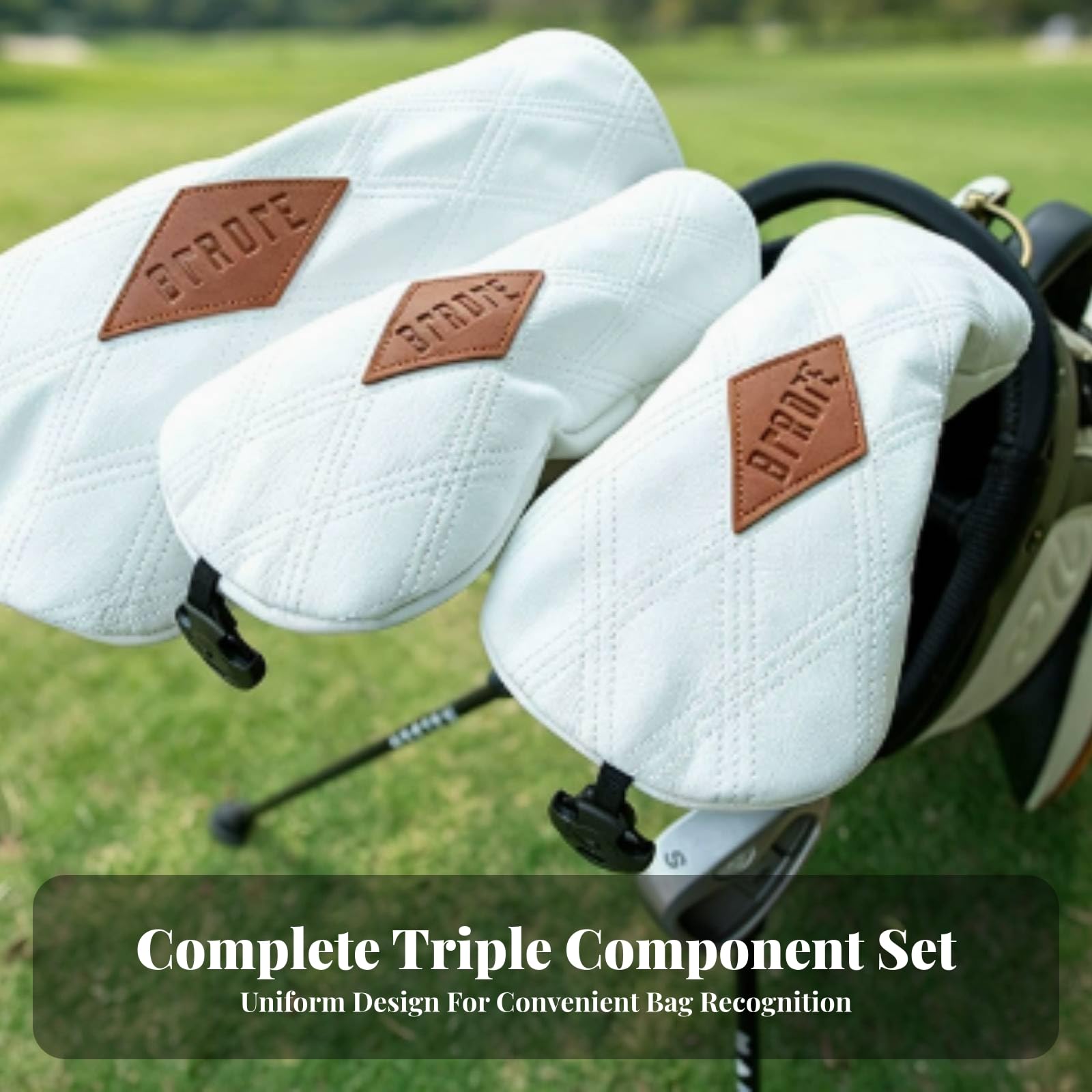 wasserdicht Golfschlägerhaube, Weiß-braune Rautenstickerei, PU, 3er-Set Für Driver, Fairwayholz Und Hybridholz-UT, 3-Teilig