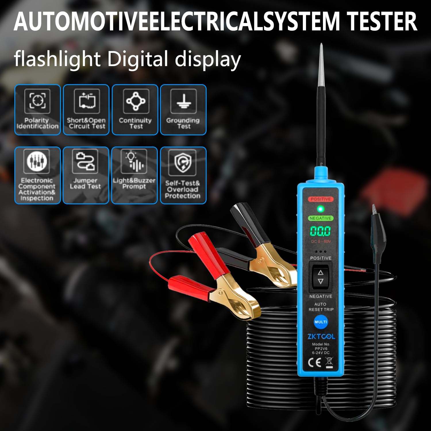 Diagram showing features: Polarity Identification, Short & Open Circuit Test, Continuity Test, Grounding Test, Electronic Component Activation & Inspection, Jumper Lead Test, Light & Buzzer Prompt, Self-Test & Overload Protection.