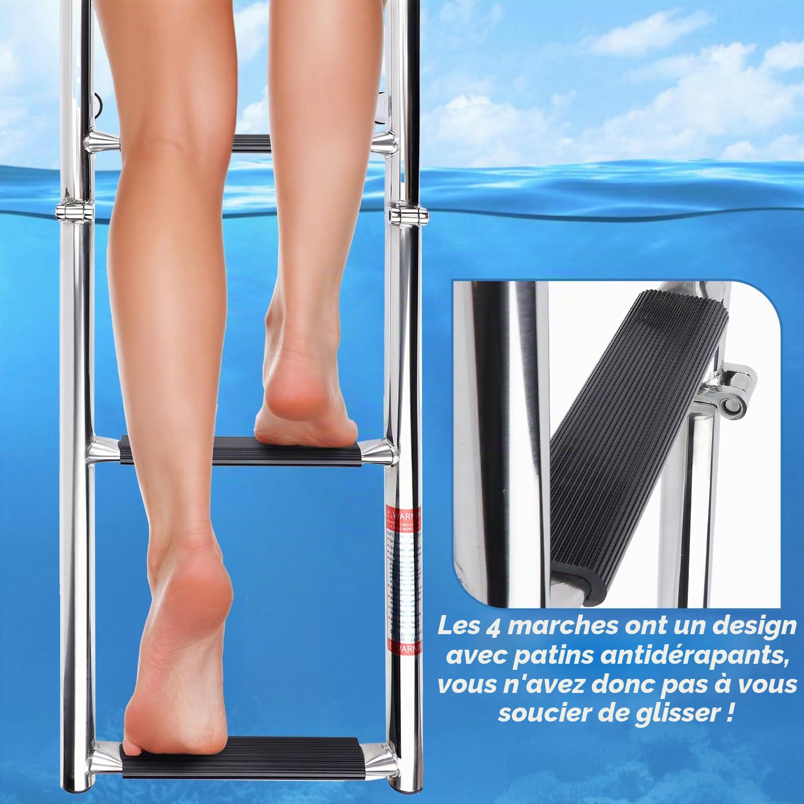 Échelle de Bateau à 4 Marches, Échelle de Pont de Natation Echelle Piscine Hors Sol INOX Pliable pour Bateau, Yacht, Piscine