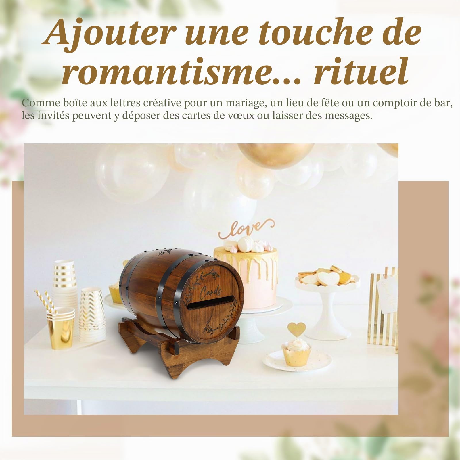 Boîte de rangement en bois pour cartes de mariage en forme de baril de whisky - Housse de rangement pour argent - Housse pour mariage, douche nuptiale, fête d'anniversaire - Décor (brun)