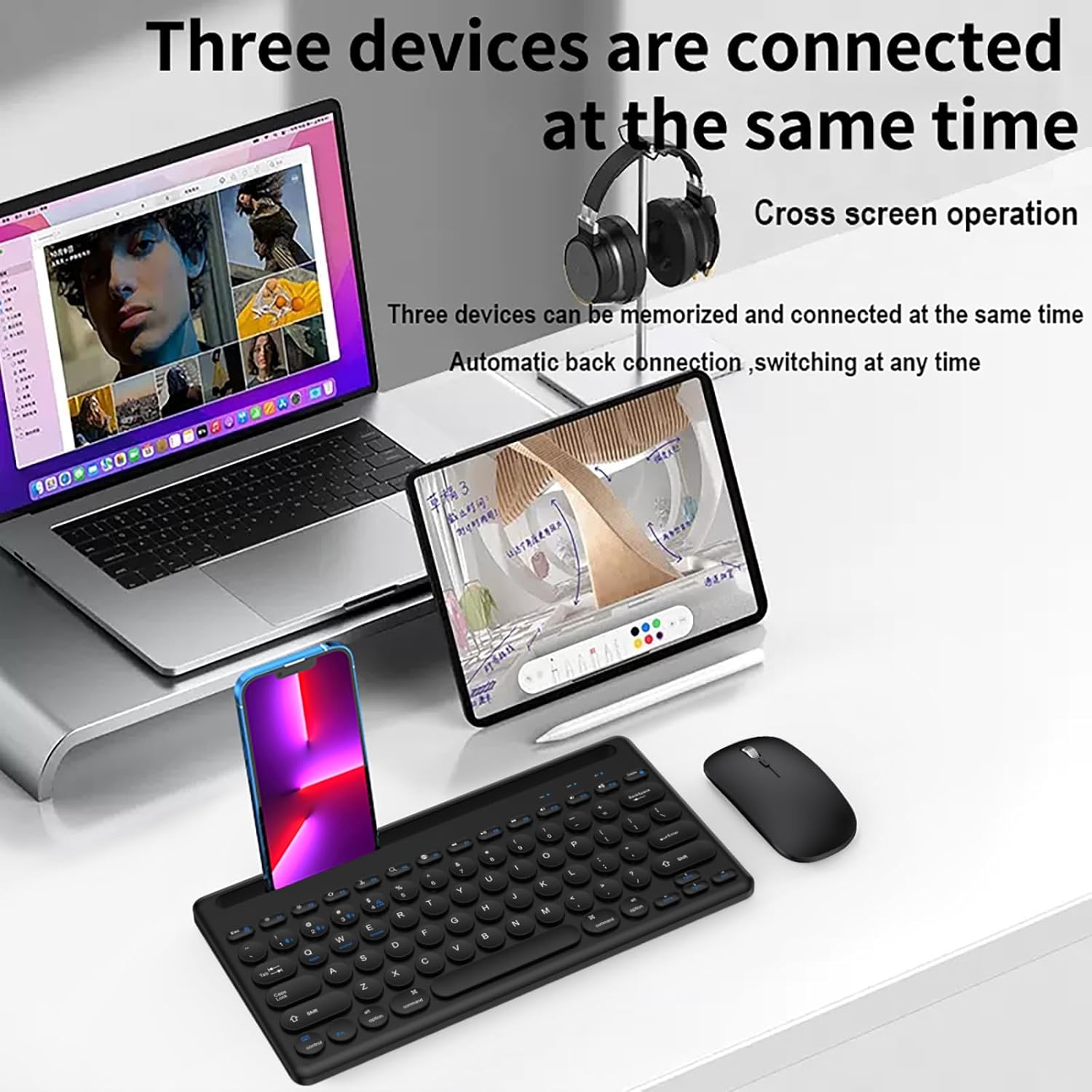 Wireless Keyboard and Mouse Combo with Phone Tablet Holder, Rechargeable Dual-Mode (Bluetooth 5.0 and 3.0 +2.4G) Multi-Device Silent Mouse for Windows, iPad, Tablet, MacOS,iOS,Android (Black) image 5 of 8 B0FDGPD8GP
