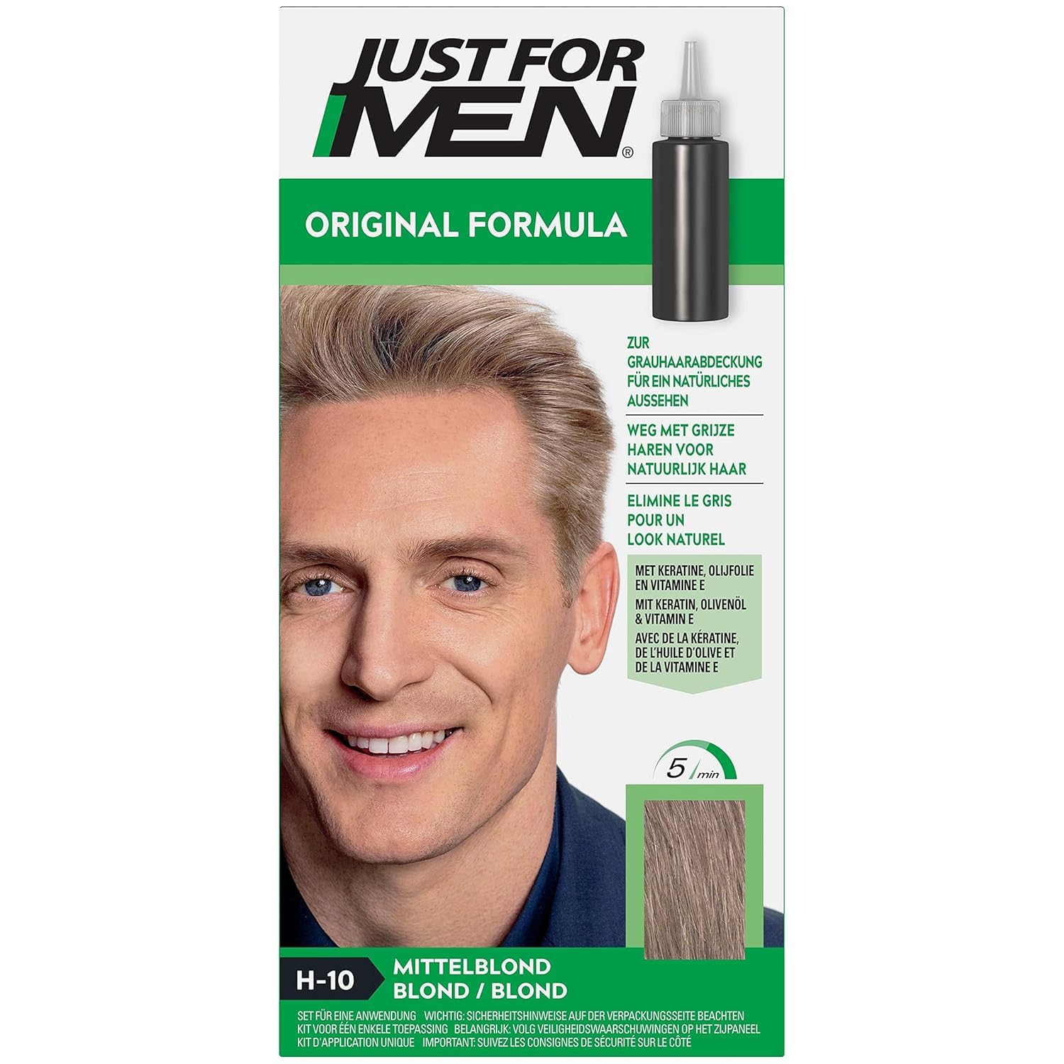 Just For Men Haarfarbe für Männer, Schnelle Anwendung in 5 Minuten, Deckt graue Haare ab für natürlichen Look, Mittelblond (H10)