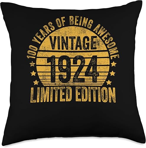 100 Year Old Vintage 1924 Limited Edition Bday Retro 100th Birthday Gifts Men Women Throw Pillow, 18x18, Multicolor