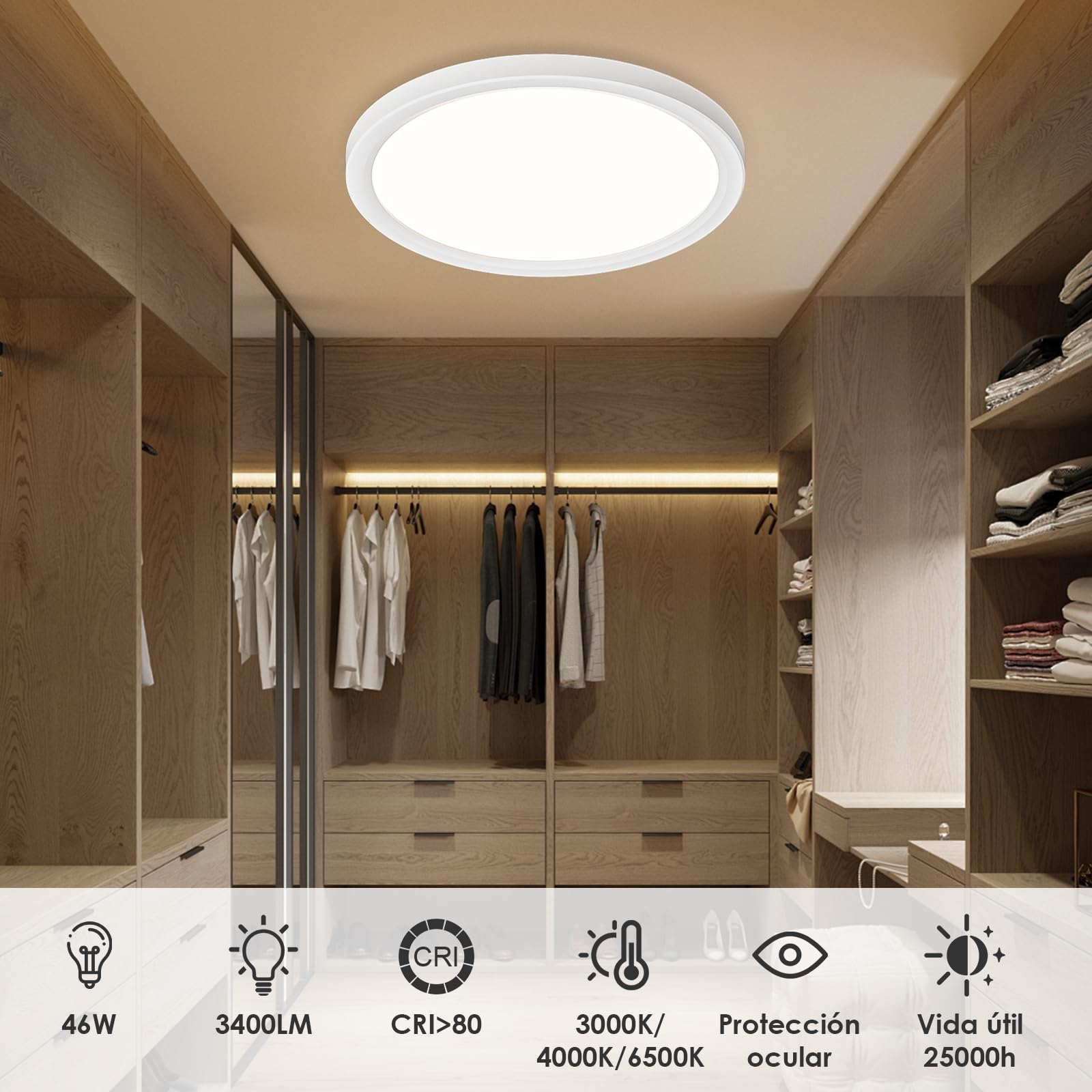 Lampara Techo 46W, Plafon Led Techo 3000K, 4000K, 6500K, 3000LM, IP44 Impermeable, Moderno Y Sencillo, Delgada Lámpara de Techo para Sala de Estar, Baño, Dormitorio, Cocina 490 * 21mm