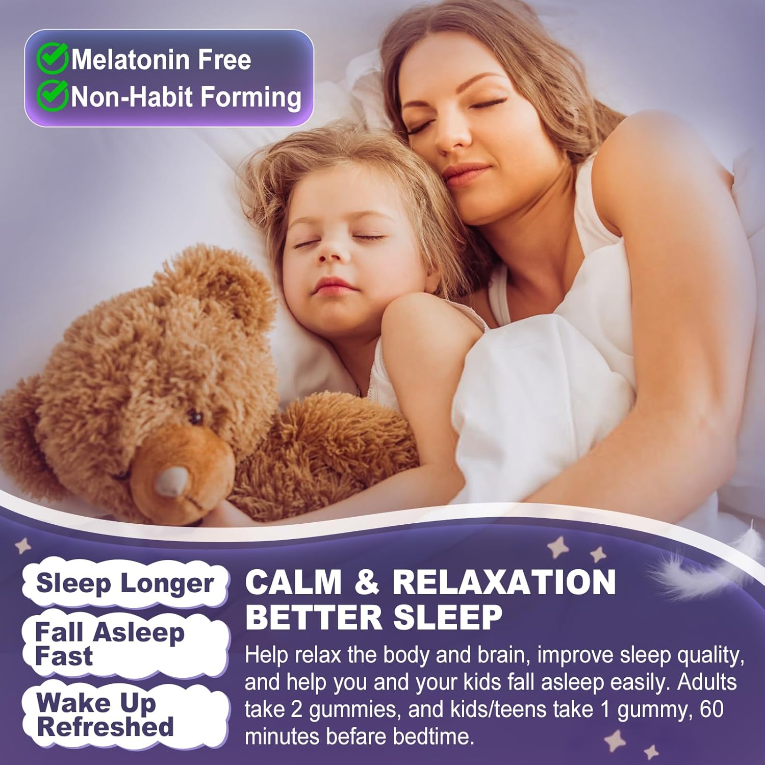 Magnesium Glycinate Gummies 500mg/250mg for Adults Kids Teens, Sugar Free Magnesium Calm Sleep Aid, Kids Sleep Gummies with L-Theanine Glycine B6 for Sleep, Calm, Muscle,Relax Brain,No Melatonin,2Pack - Image 3