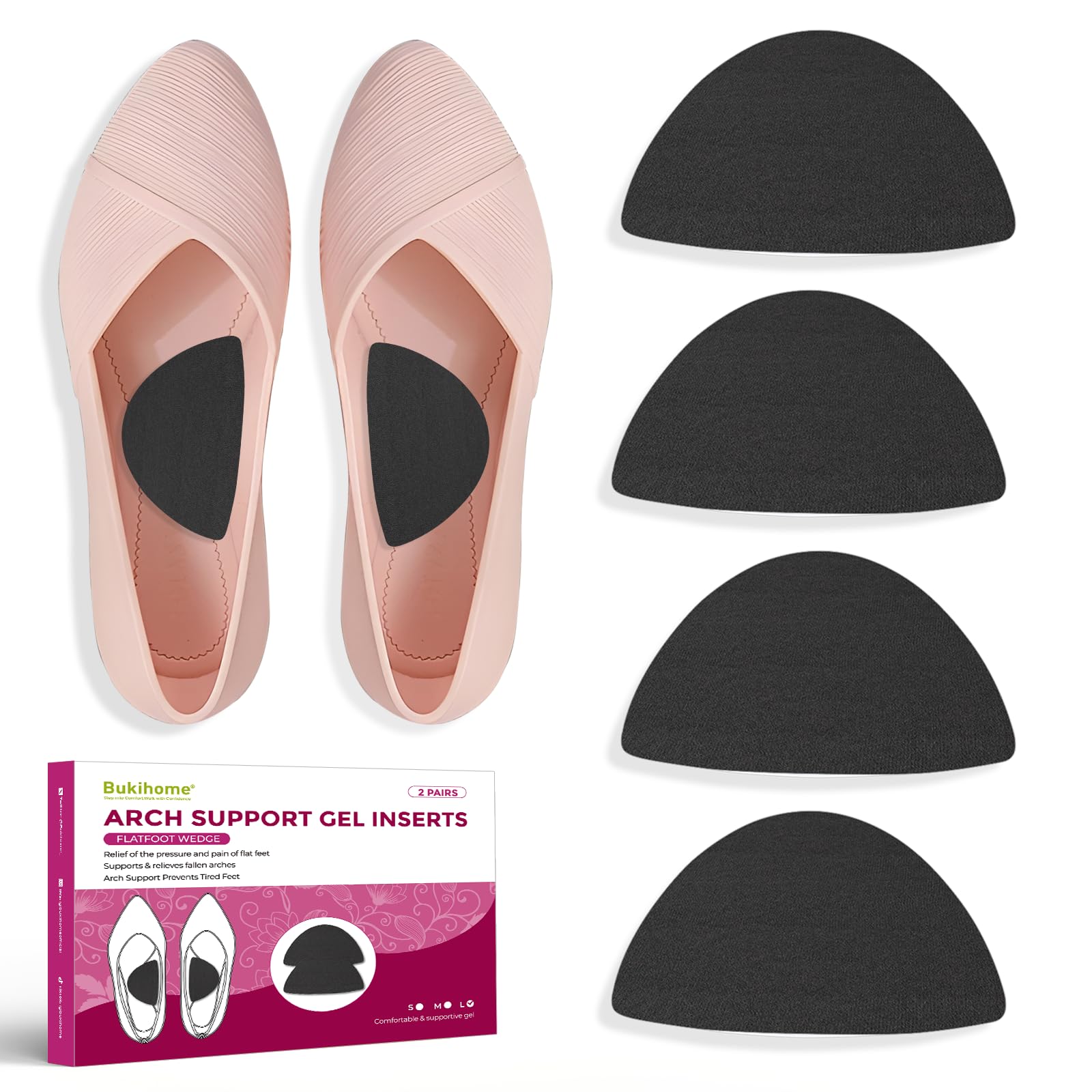 Bukihome Arch Support Inserts for Plantar Fasciitis - Anti Gravity Design - 2 Pairs Adhesive Gel Arch Pads for Women &amp; Men - High Arch Support Insoles for Flat Feet,Relieve Pressure - Black,Large