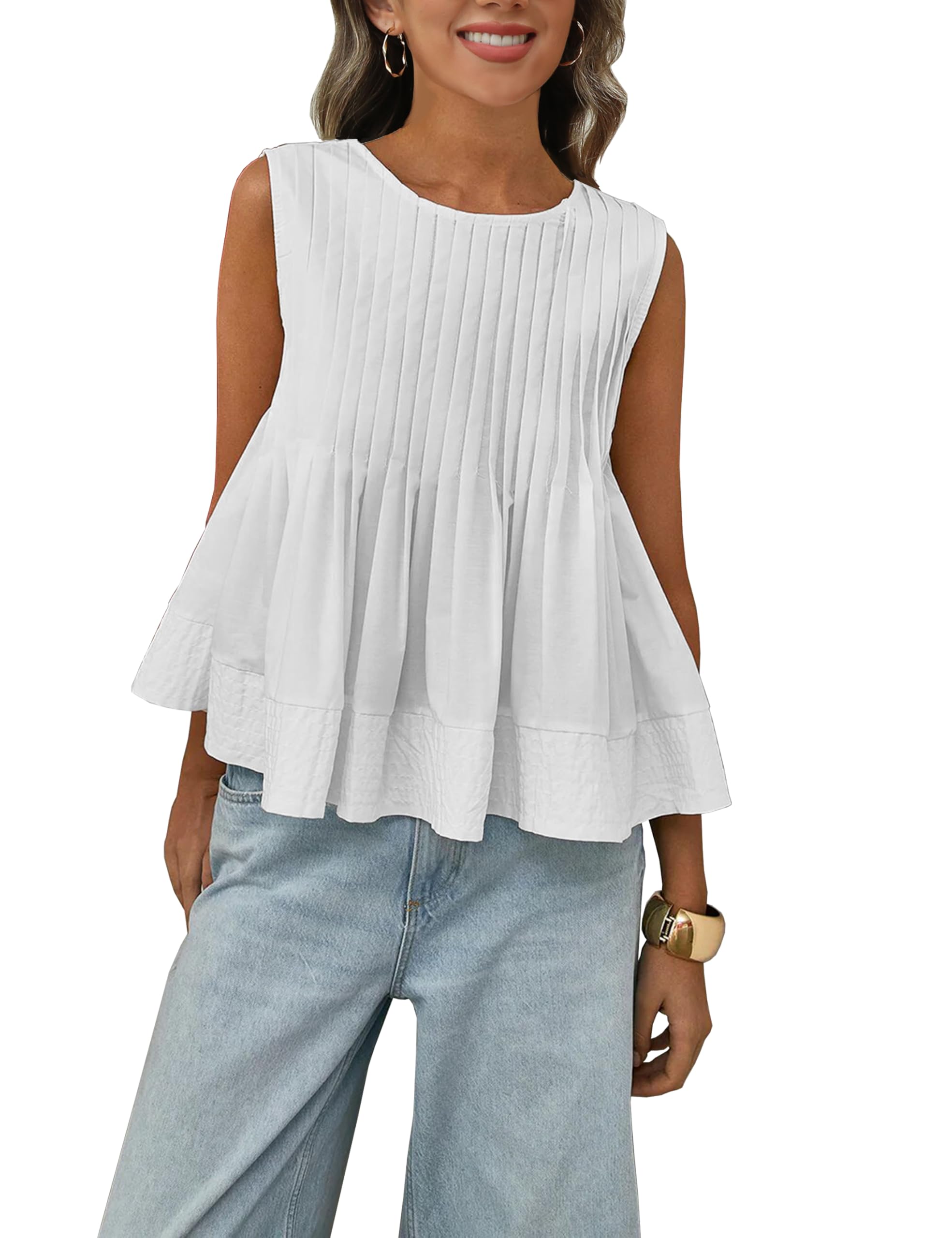 Megfie Womens Summer Pleated Peplum Sleeveless Blouse Tank Tops Round Neck Y2K Babydoll Blouse Shirt