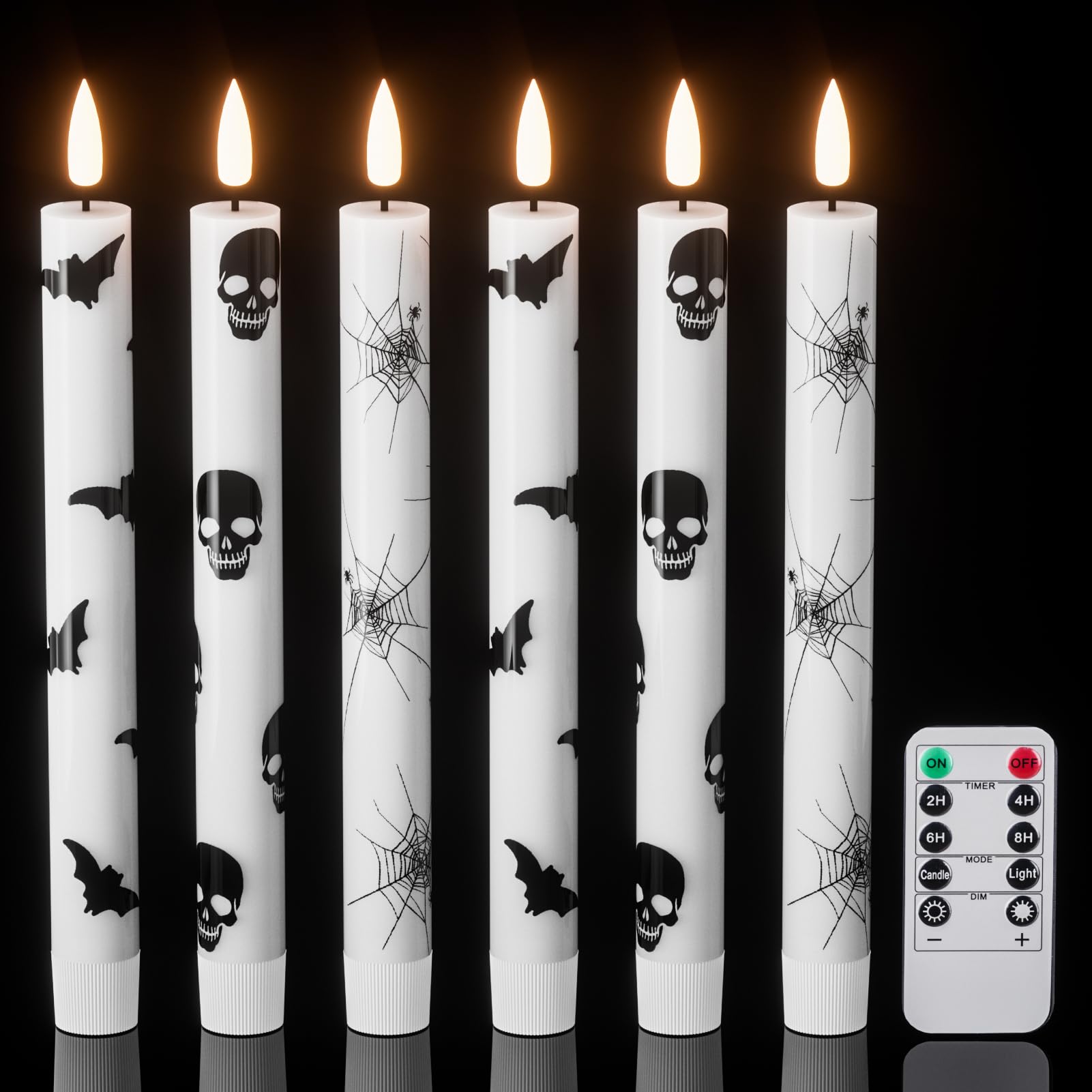 Halloween Flameless Taper Candles Battery Operated Remote Timer | Real Wax LED Candlesticks, 400 Hours Long Lasting, Skull Bats Spider Decals, Home Decor, 0.78"D x 9.64"H, 6 Pack