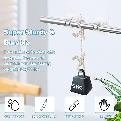 Miniatura 4 de 12 soportes para barra de cortina sin taladrar, soporte universal autoadhesivo para barra de cortina, colgadores de cortina para baño, cocina y hogar