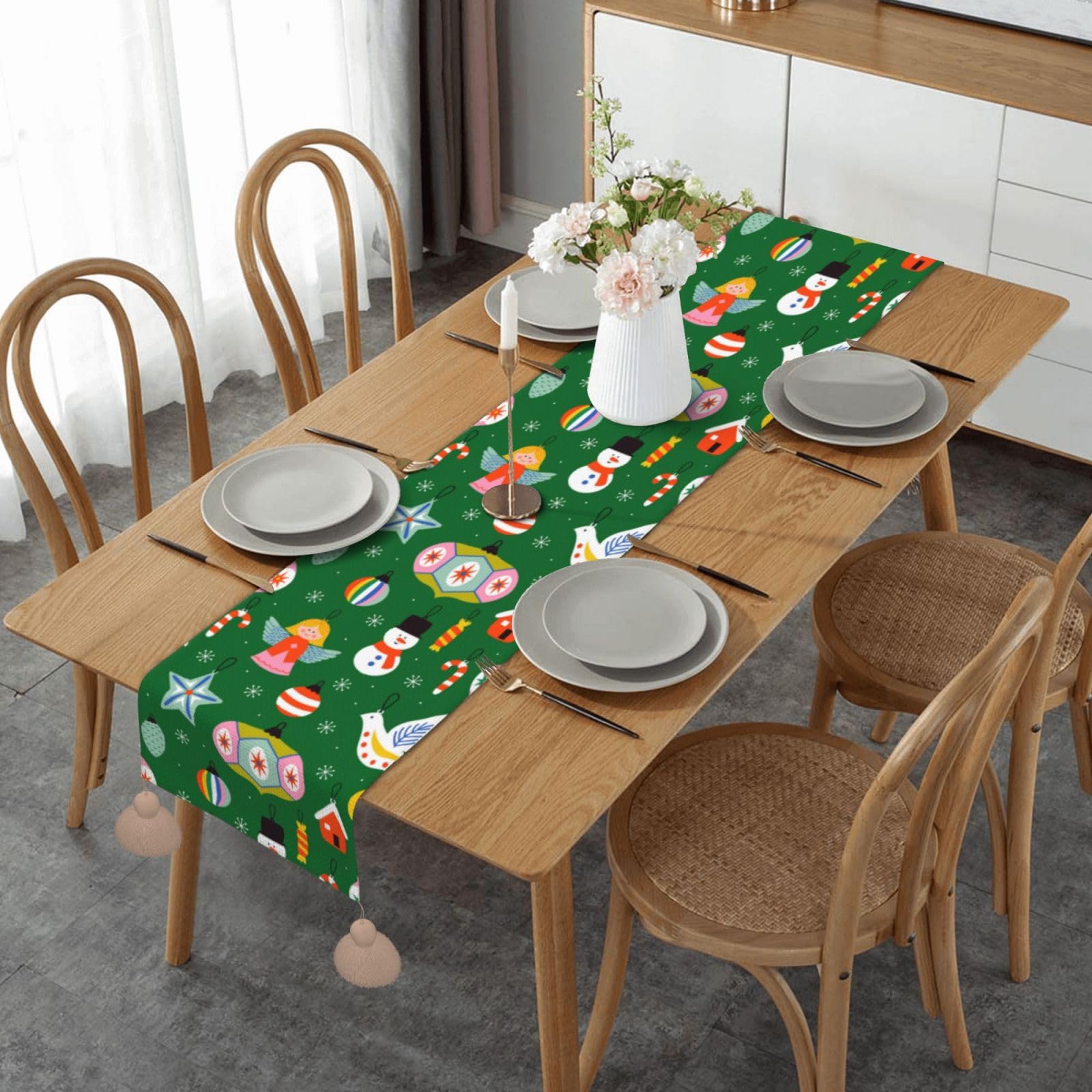 Chemin de table avec pompon de Noël et fêtes - Nappe antidérapante lavable