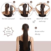 Vista 5 de BARSDAR - Extensión de cola de caballo recta con resaltado marrón medio, de 26 pulgadas de largo, con clip envolvente para mujeres, extensiones