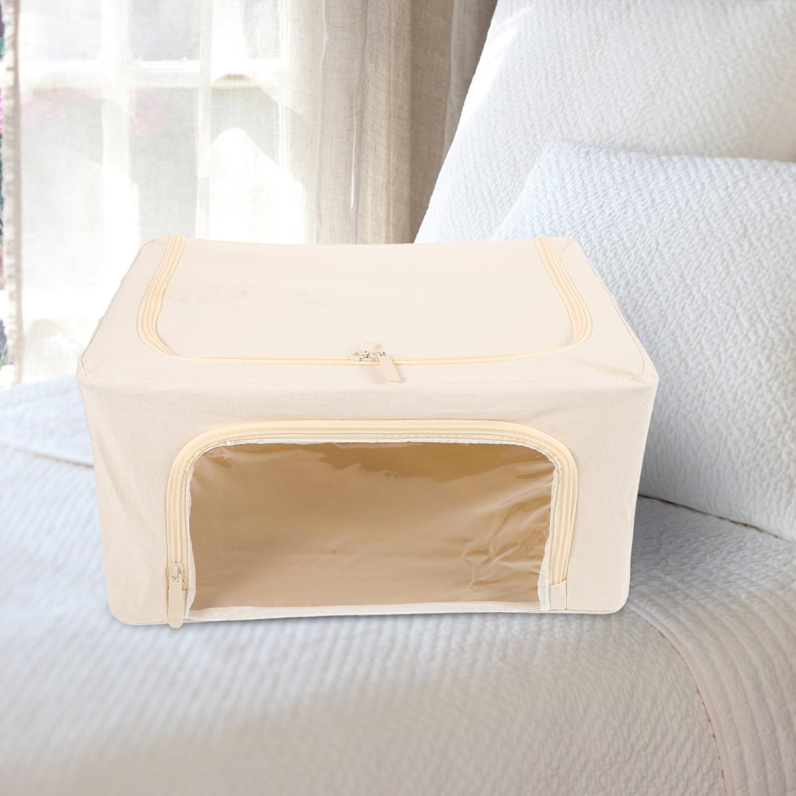 Contenitore per Trapunte Pieghevole Finestra Trasparente Beige | Tela Poliestere-cotone Telaio in Acciaio, Capienza Grande 22l, per Coperte e Giocattoli