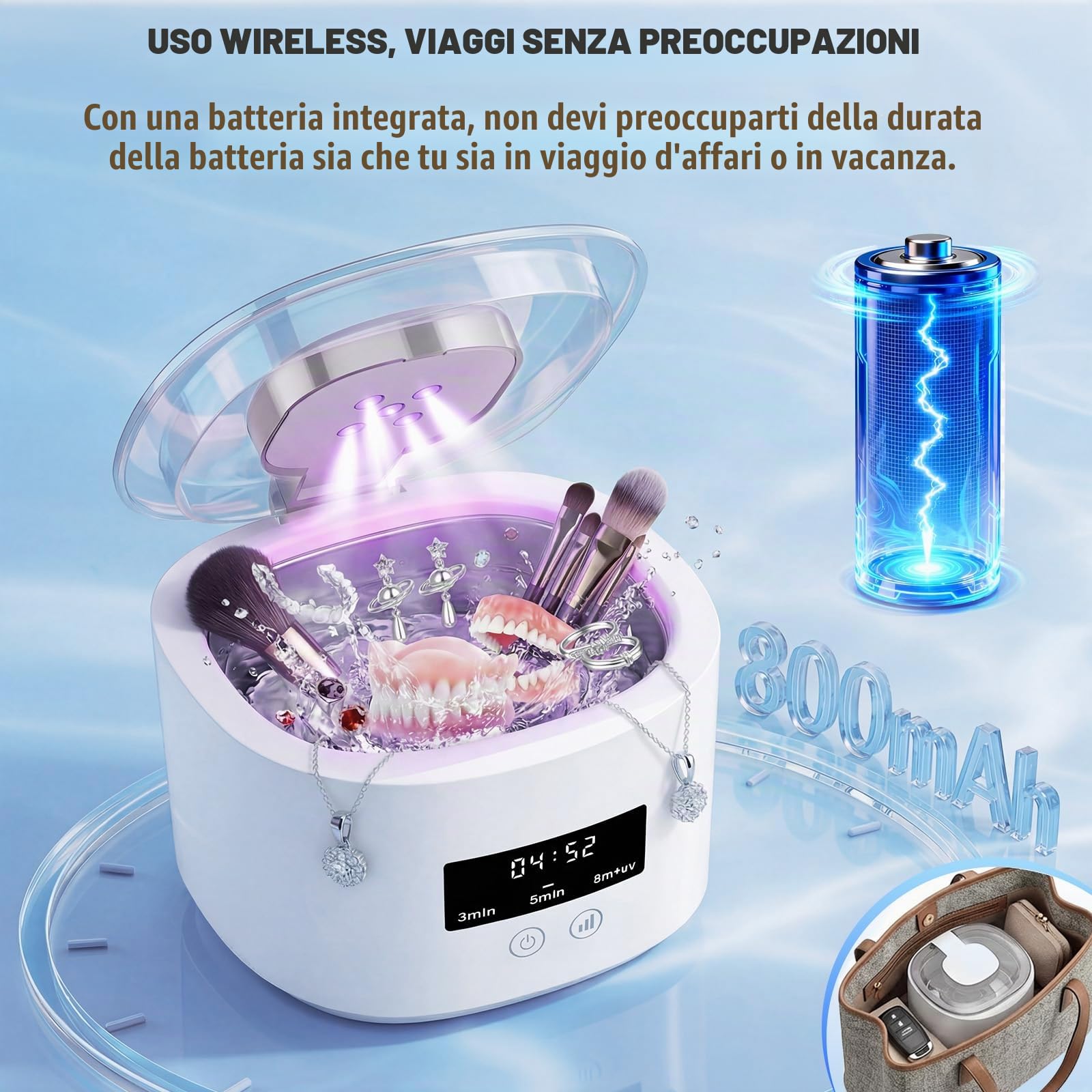 Pulitore Ultrasuoni 50000Hz, Pulitori Ultrasuoni, Ricaricabile Lampada UV Ultrasonic Cleaner, 380ml, 3 Modalità per Apparecchi Ortodontici, per Protesi, Allineatori, Testine Di Spazzolini, Gioielli