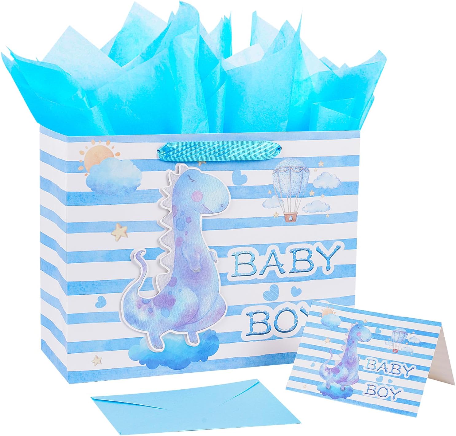JWSCYSY 12.6" Large Baby Boy Gift Bag with Tissue Paper and Greeting Card for Baby