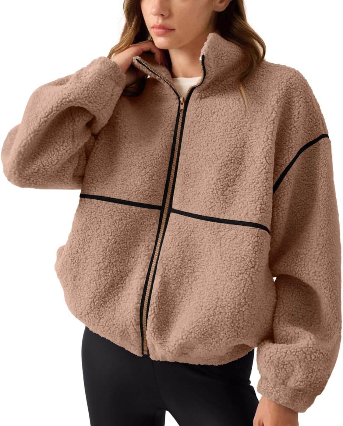 LASLULU Womens Fuzzy Sherpa Fleece Jacket Zip Up Oversized Sweatshirts Long Sleeve Winter Clothes Warm Sweater