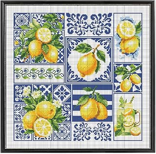 FREEBLOSS 11CT Cross Stitch Kit Stamped Cross Stitch Craft Kit with Stitching Guide for Beginners Lemon Embroidery Set Crossstitch Wall Hanging Set 17.7x17.7inch