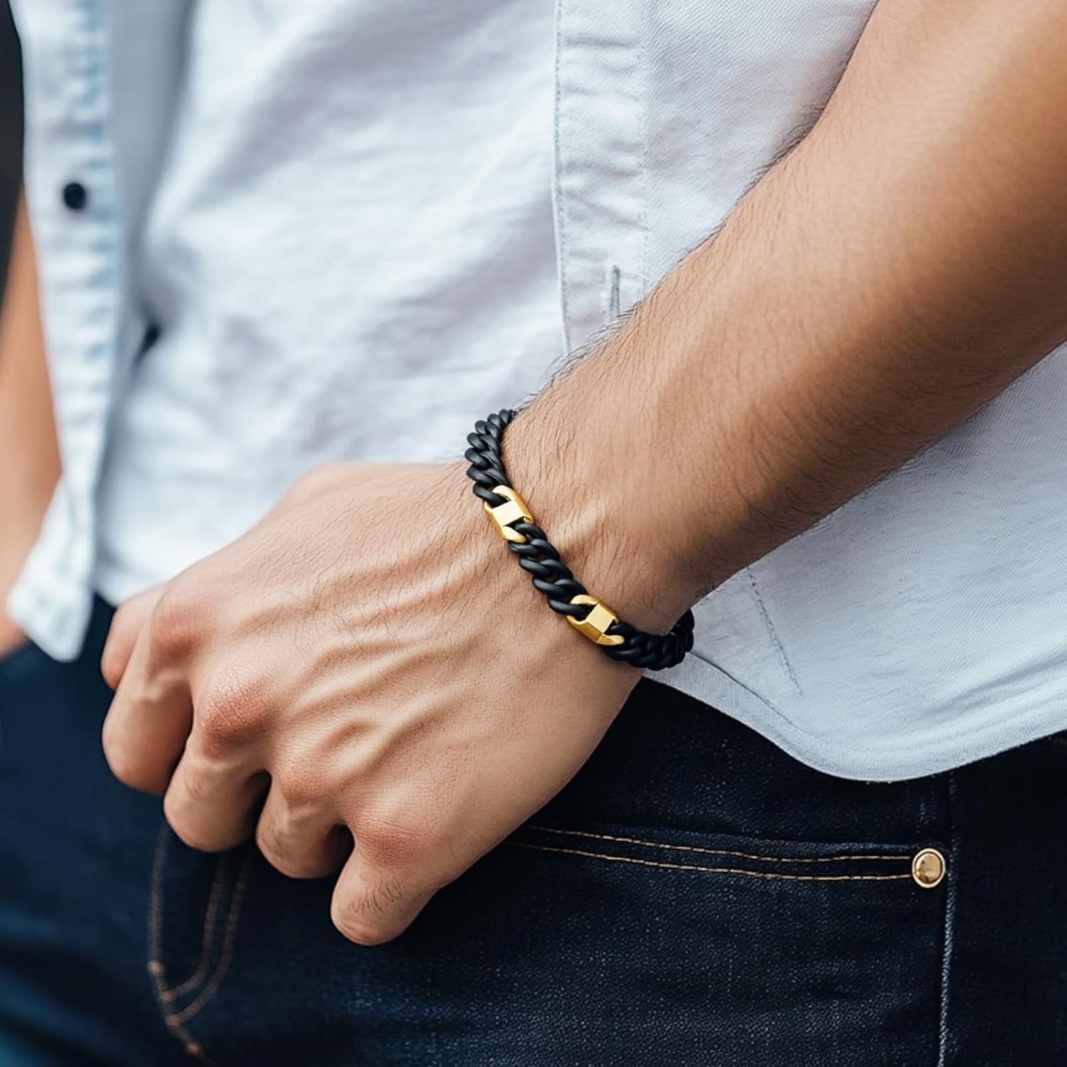 Mens Cuban Chain Link Bracelet - Stainless Steel Cuban Bracelets for Men - Men's Chains Wrist Jewelry Waterproof - Non Tarnish Metal Miami Bracelet - Mens Trendy Simple Thick Durable Link Bracelets Black & Gold 8.5 inch - Image 3