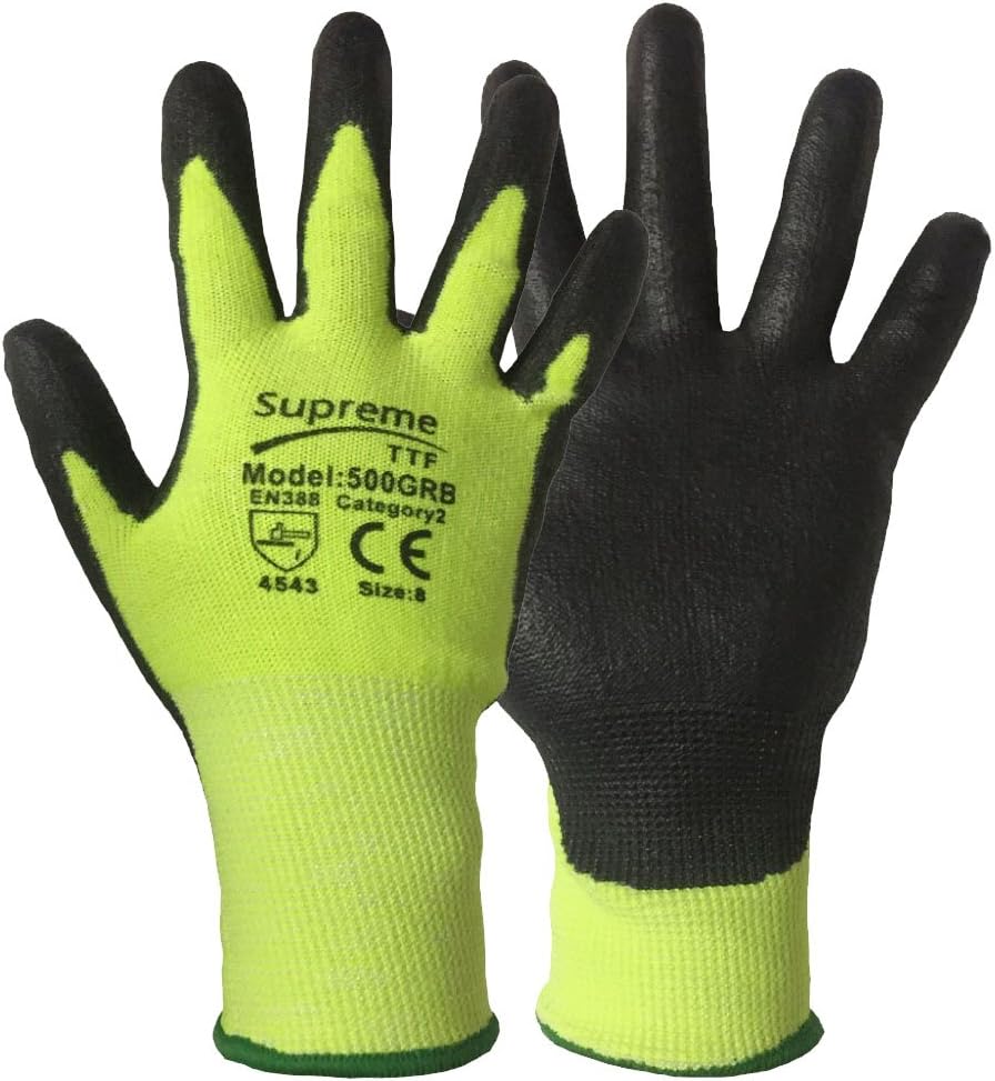 6 Pairs Level 5 Protection Green Black Anti Cut Proof resistant Nylon PU Work Safety Gloves (Large)