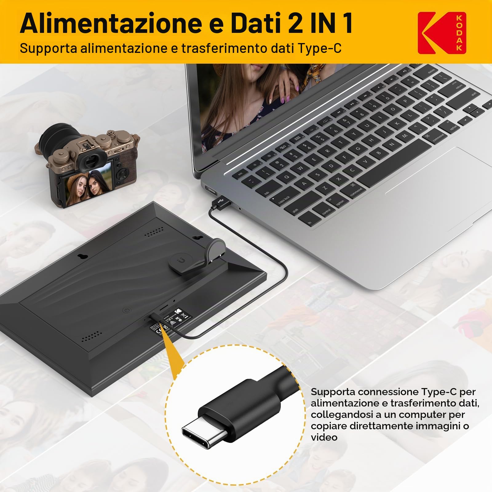 Cornice Digitale WiFi KODAK Cornice Foto Digitale 10 Pollici, HD IPS Touchscreen, Cornici Elettronica con 32GB di Memoria, Portafoto Digitale Condivisione di Foto Musica Video via APP, Auto-Rotazione