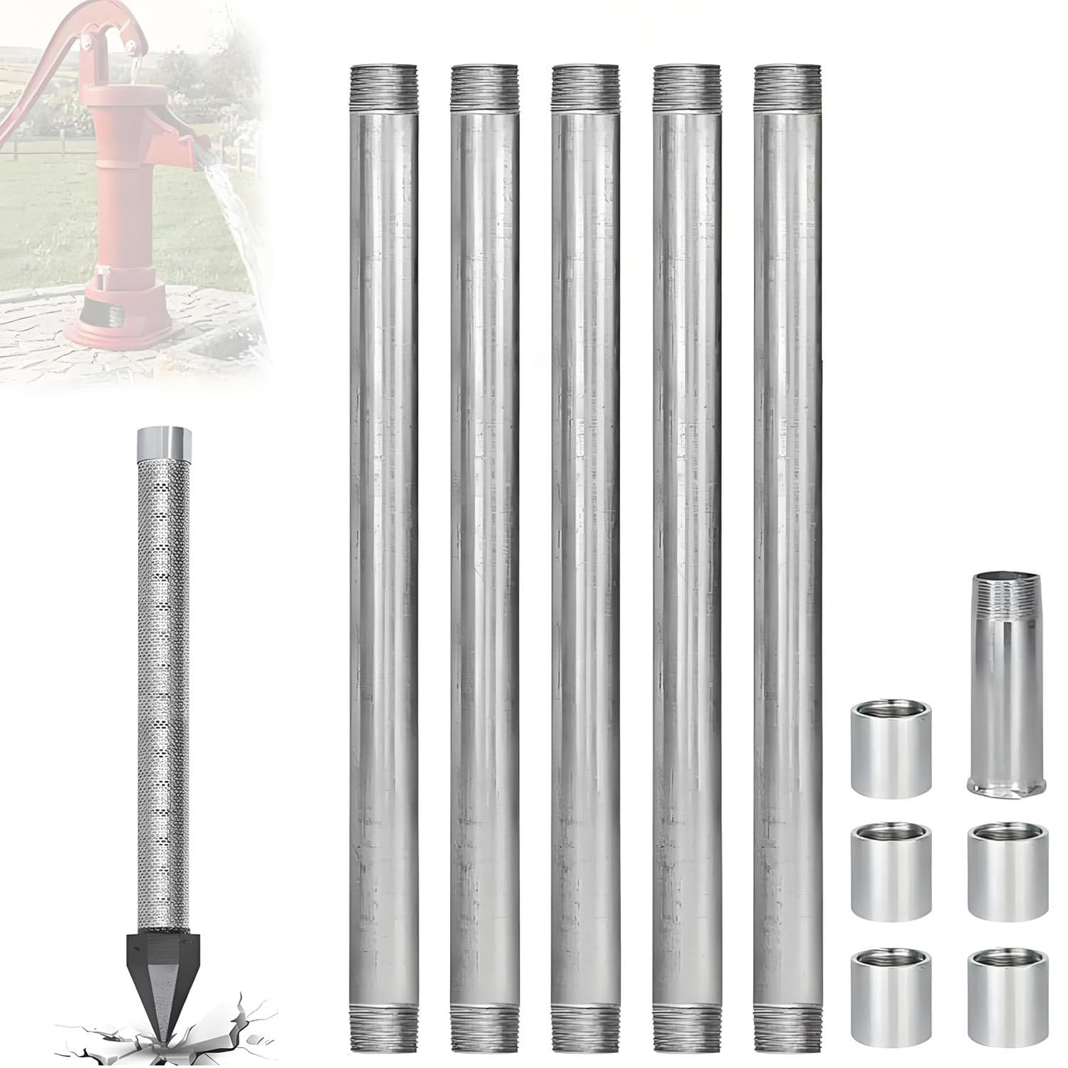 COAKUE 1-1/4 Inch Drive Well Point Kit, Water Well Drilling Kit 5+1Kit