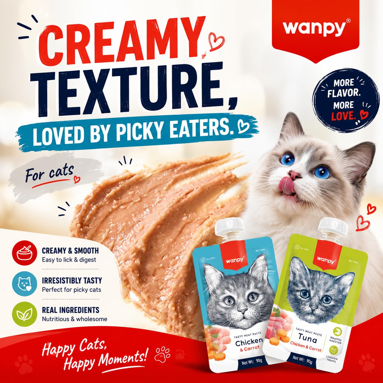 Wanpy Tasty Meat Paste Cat Treat, Salmon Chicken & Carrot, 90g | Creamy Lickable Wet Cat Treat | Real Meat | High Protein | Healthy Digestion | Meal Topper | for All Cats & Life Stages (Pack of 4) 2