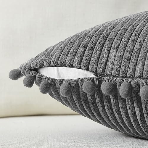 Miniatura 10 de Fancy Homi - Paquete de 2 fundas de cojines, de pana suave y decorativas, con pompones, cuadradas, de color liso, fundas de cojines para sofá,