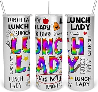 Lunch Lady Personalized Tumbler 20oz Stainless Steel Vacuum Insulated Skinny Cup with Custom Name for Back to School Durable Teacher Gift