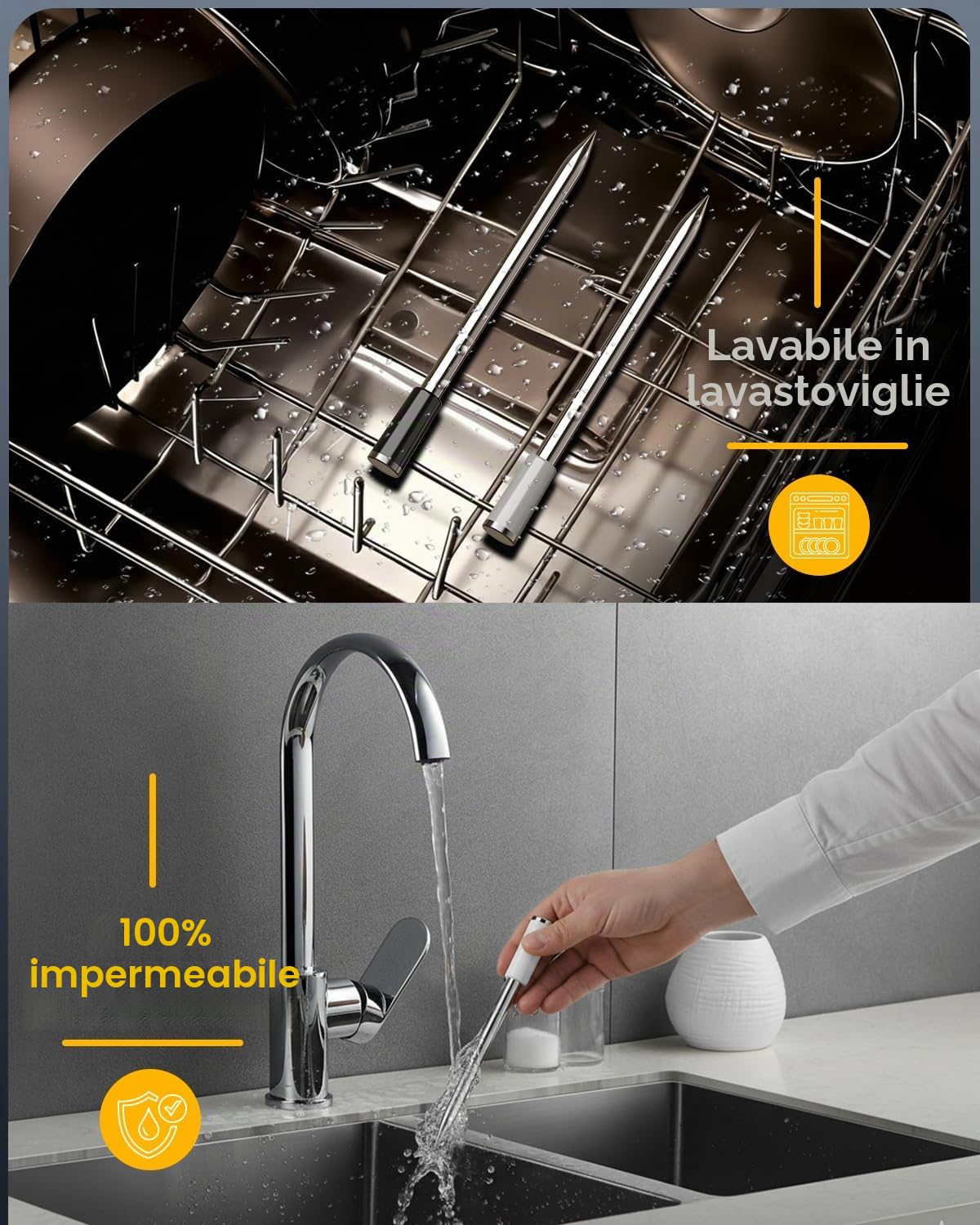 BFOUR BF-80 Termometro per carne senza fili con Bluetooth e WLAN, termometro per barbecue con 2 sonde, 6 sensori, IP67 impermeabile, pulsante touch, controllo tramite APP, termometro per arrosti per