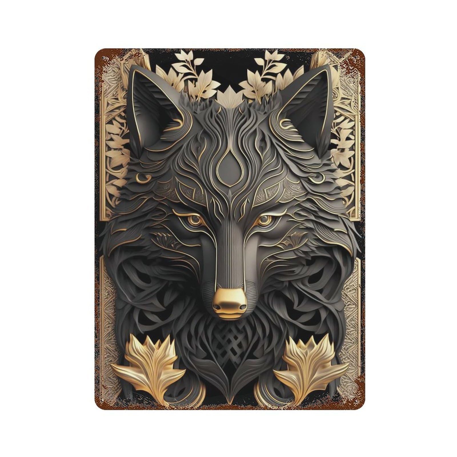 Golden Majesty Black Wolf Aged Metal Wall Plaque 15.7"x11.8", for Pub, Kitchen And Man Cave Decor, Decorative Metal Wall Art