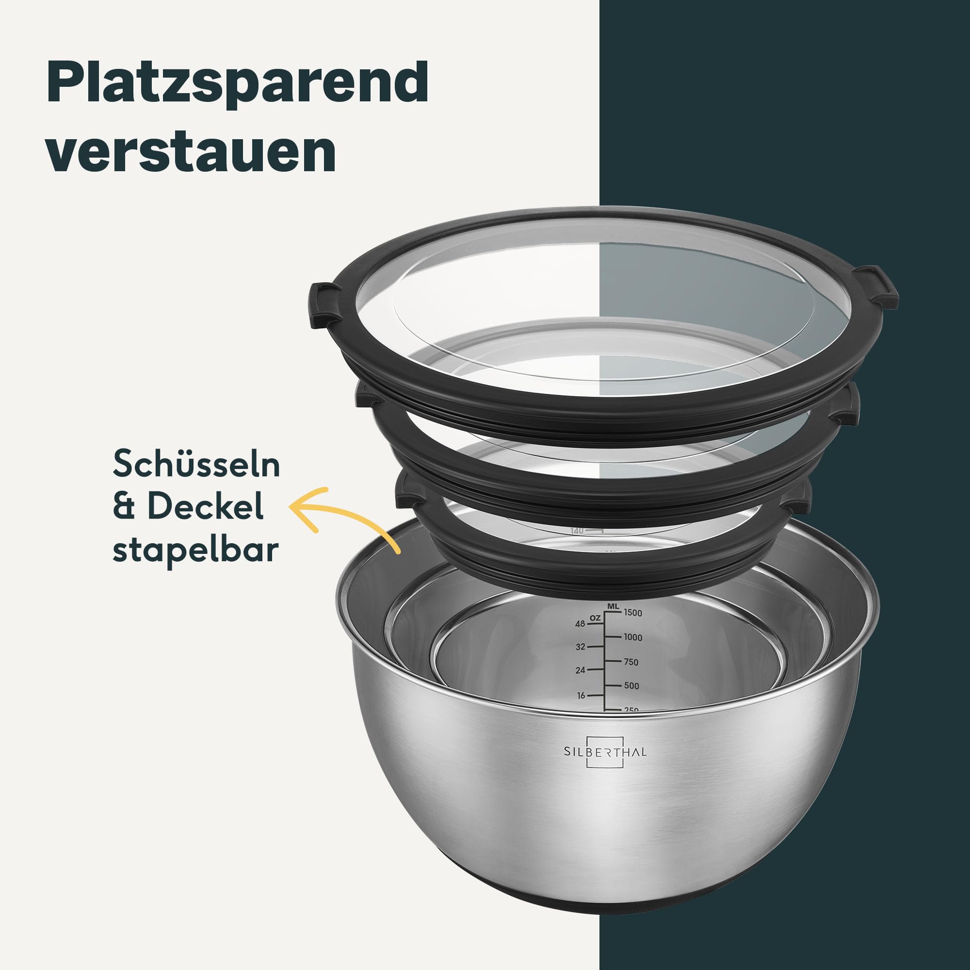 SILBERTHAL Edelstahl Schüssel 5er Set mit Deckel - Rührschüsseln zum Servieren, Kochen, Backen, Aufbewahren - Rutschfester Boden - 5 Stück