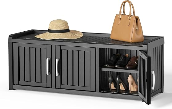 EFU Shoe Bench with Storage, Shoe Cabinet Indoor Outdoor with Adjustable Shelves, Waterproof Shoe Organizer with 3 Doors for Entryway, Bedroom, Living Room Black