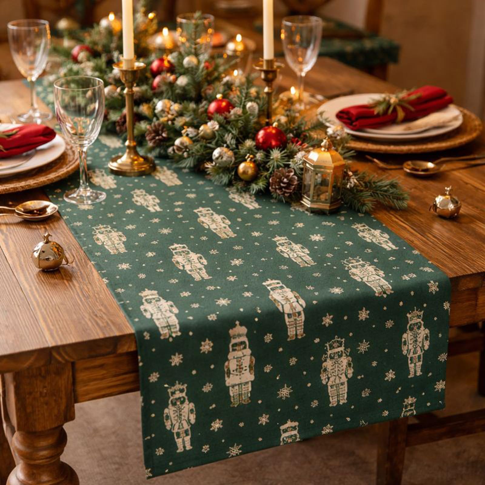 Nutcracker Christmas Table Runner, Festive Green and Gold Velvet Table Runner, Festive Table Decoration, Green Christmas Table 3m