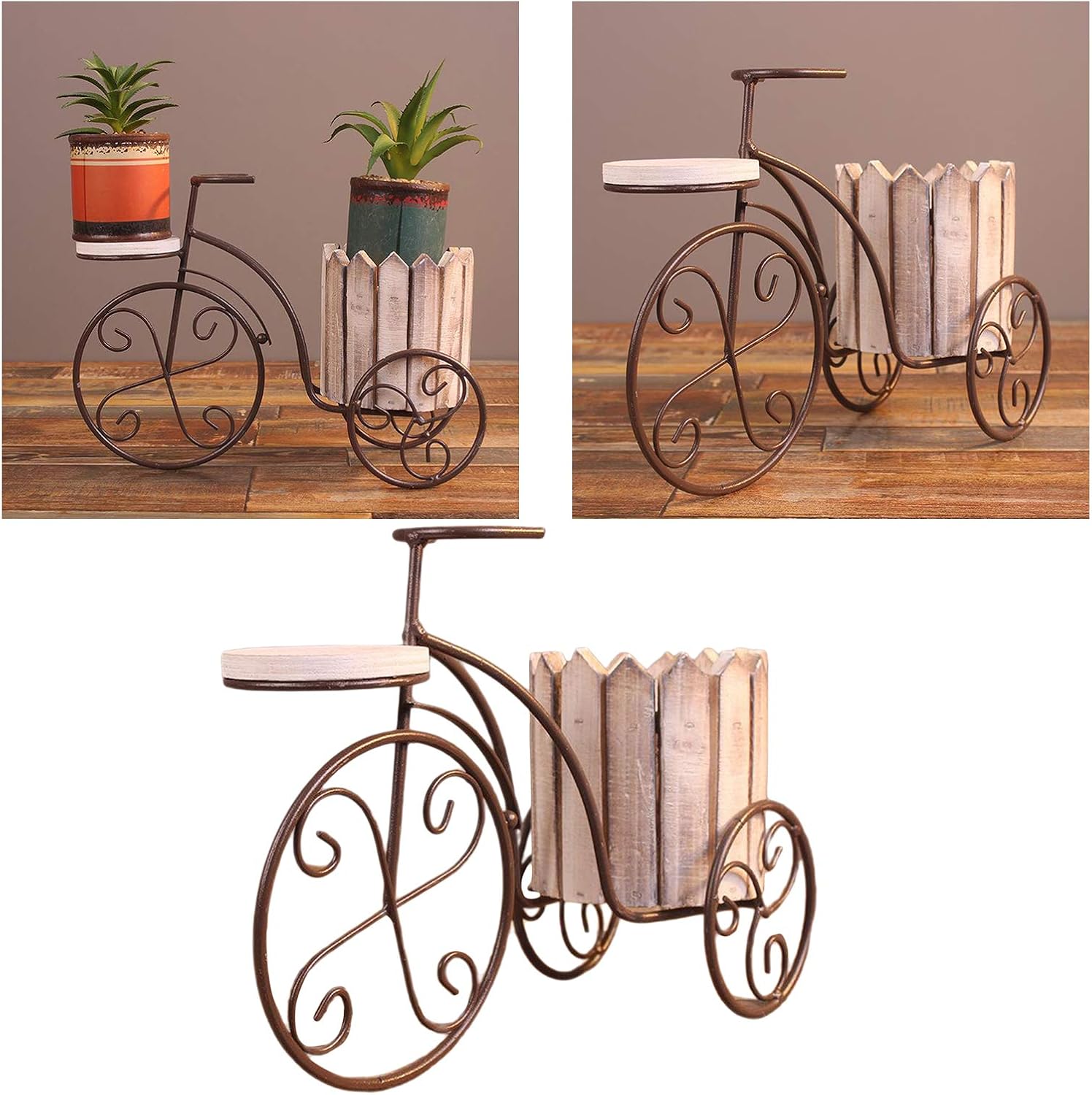 Bicycle Flower Stand Flower Pot Wrought Iron Vase Desktop Ornament for Balcony Garden Studio Decor (White)