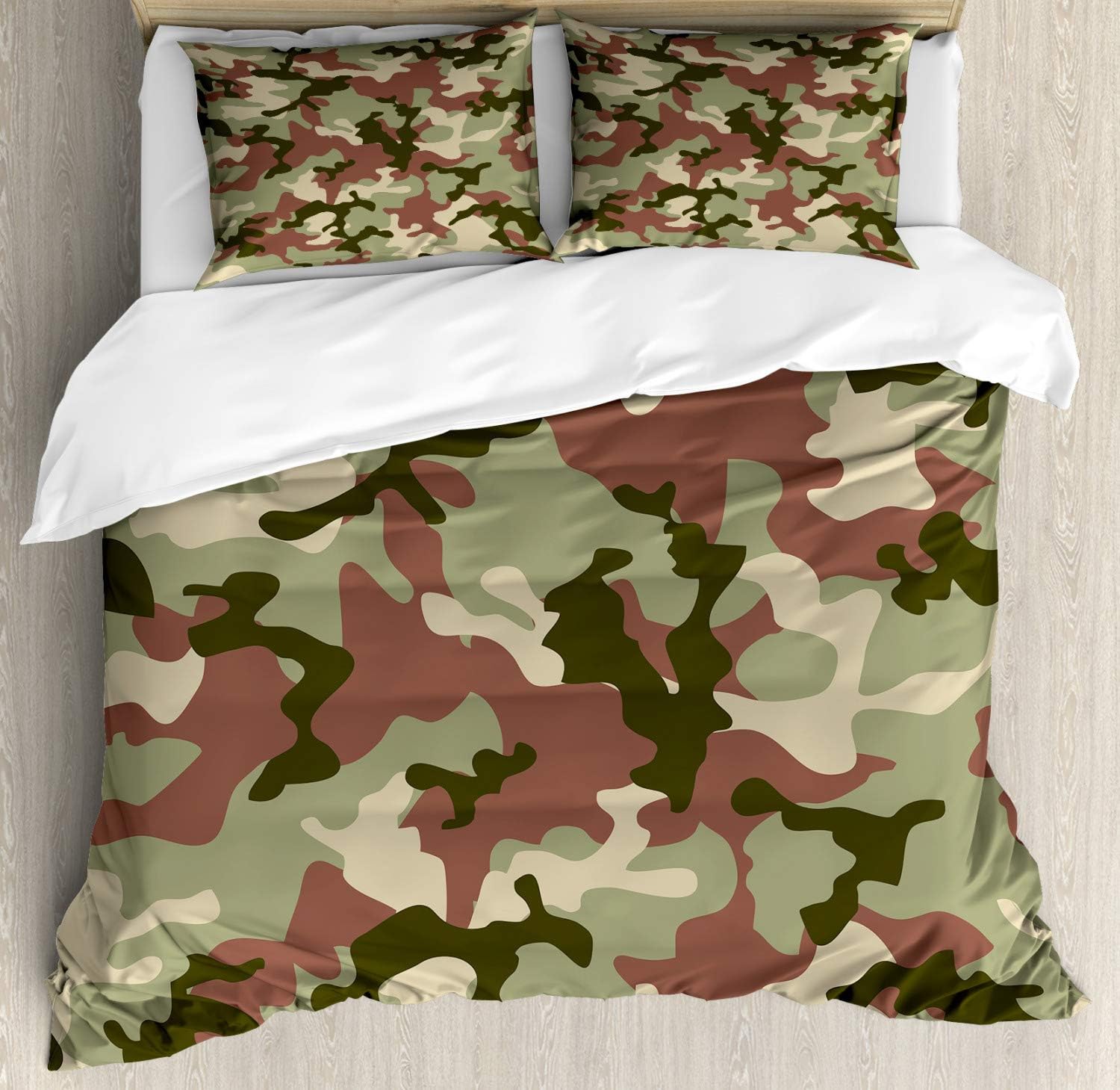 AmbesonneCamo Duvet Cover Set, Illustrated Green Camouflage in Forest Colors Hunter Theme, Decorative 3 Piece Bedding Set with 2 Pillow Shams, Queen Size, Dark Green Army Green