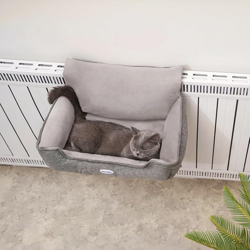 Happi N Pets Fűtőtestre Akasztható Macska Ágy - Szürke Pihenőhely 8kg-ig, Állítható Kampóval, Mosható Pamut-Poliészter Függőágy Középméretű