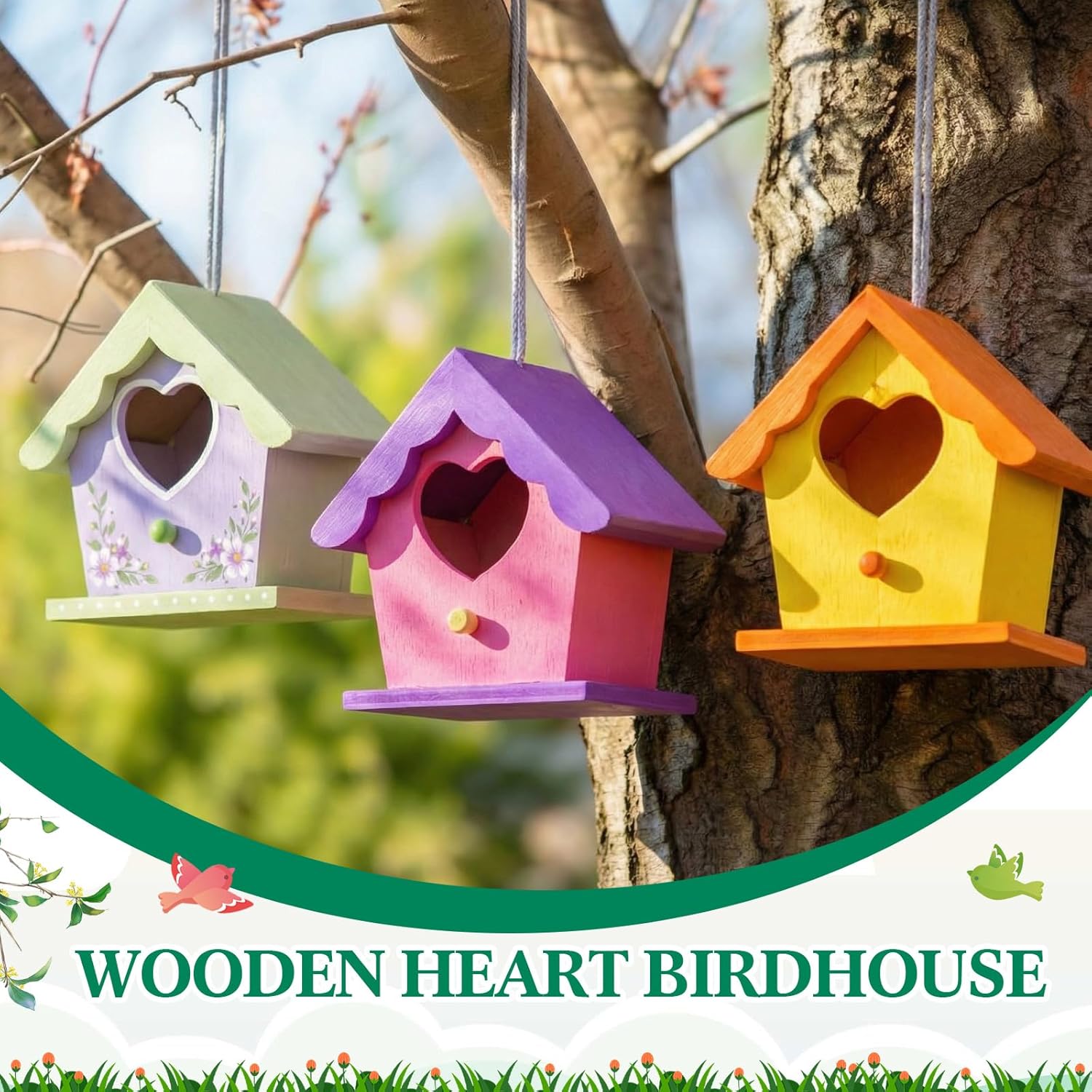 Joyfolk 20 Pcs 3.7" Wooden Heart Birdhouse Kits Valentines DIY Art Painting Bird House Craft Kit Unfinished Wood Bird Houses to Paint with Paints Brushes Gift for Garden Yard Projects Decor Gifts